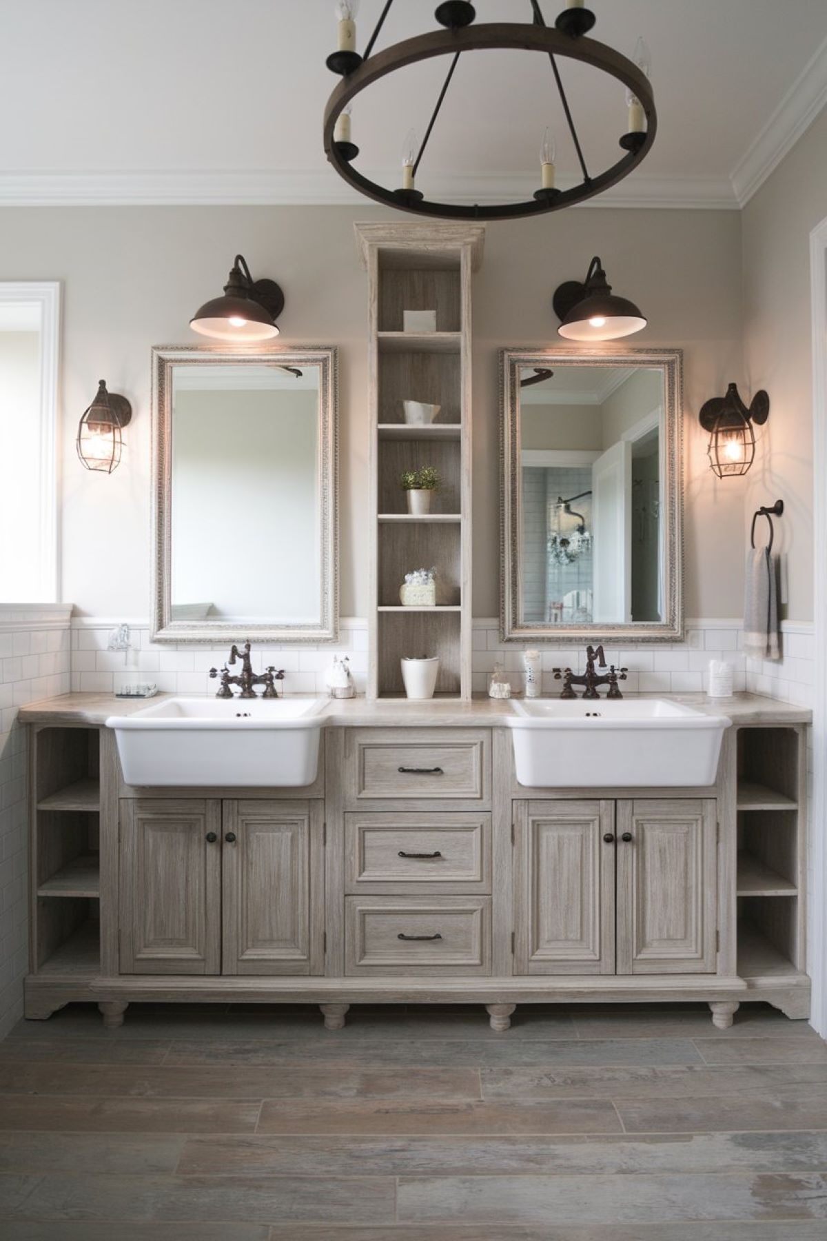 farmhouse style bathroom with a double sink vanity