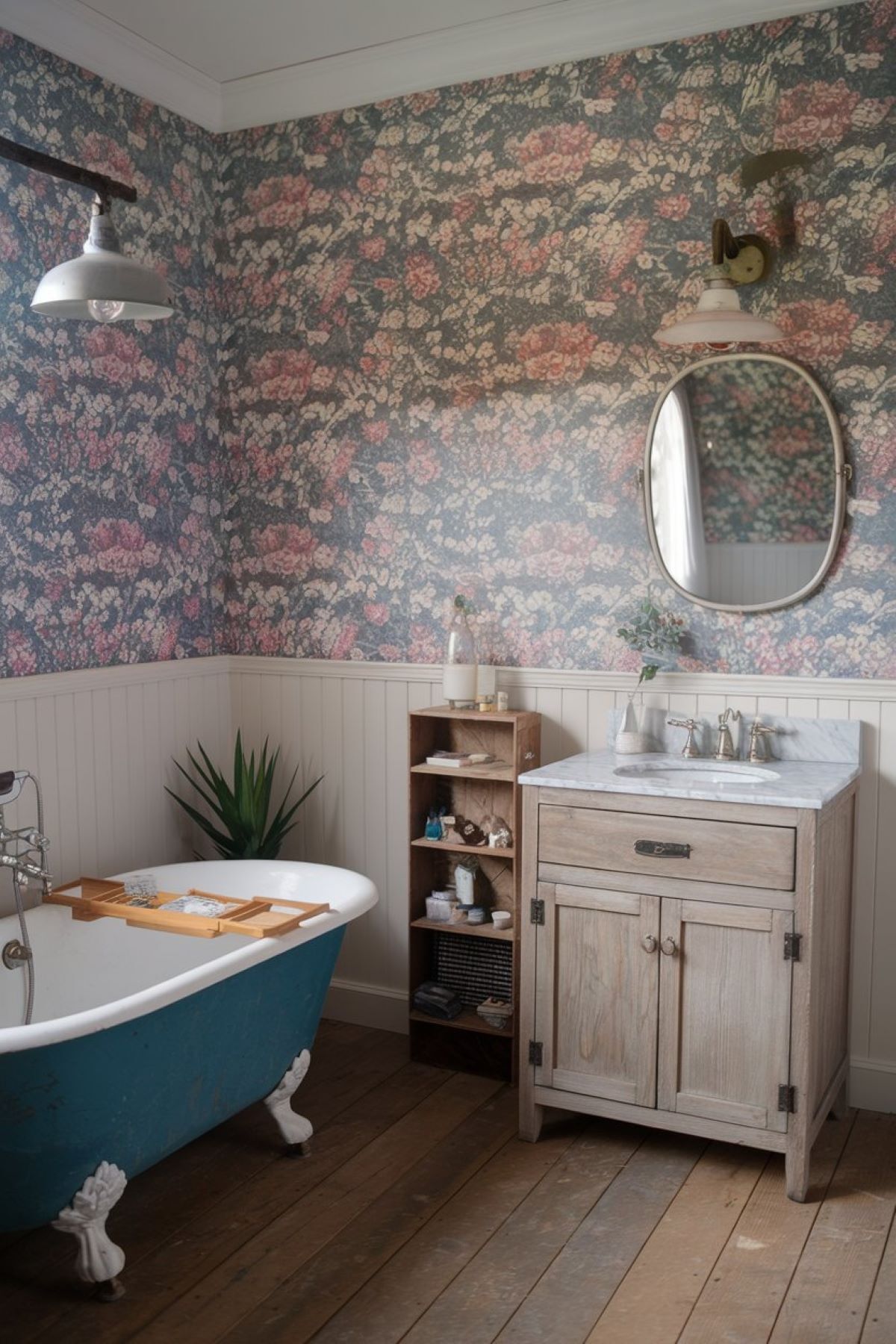 farmhouse style bathroom with a floral wallpaper pattern