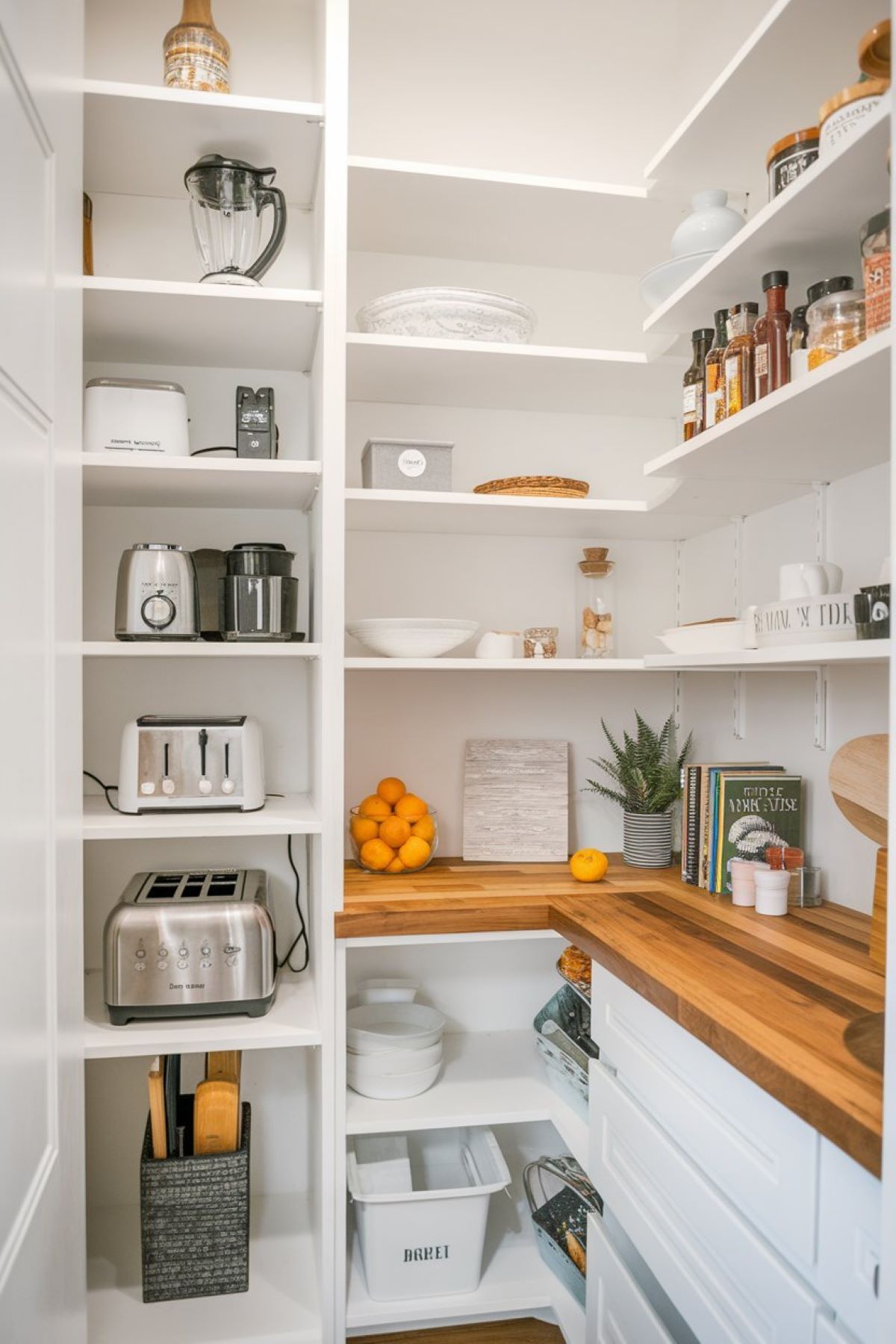 farmhouse style kitchen with a neatly organized pantry design