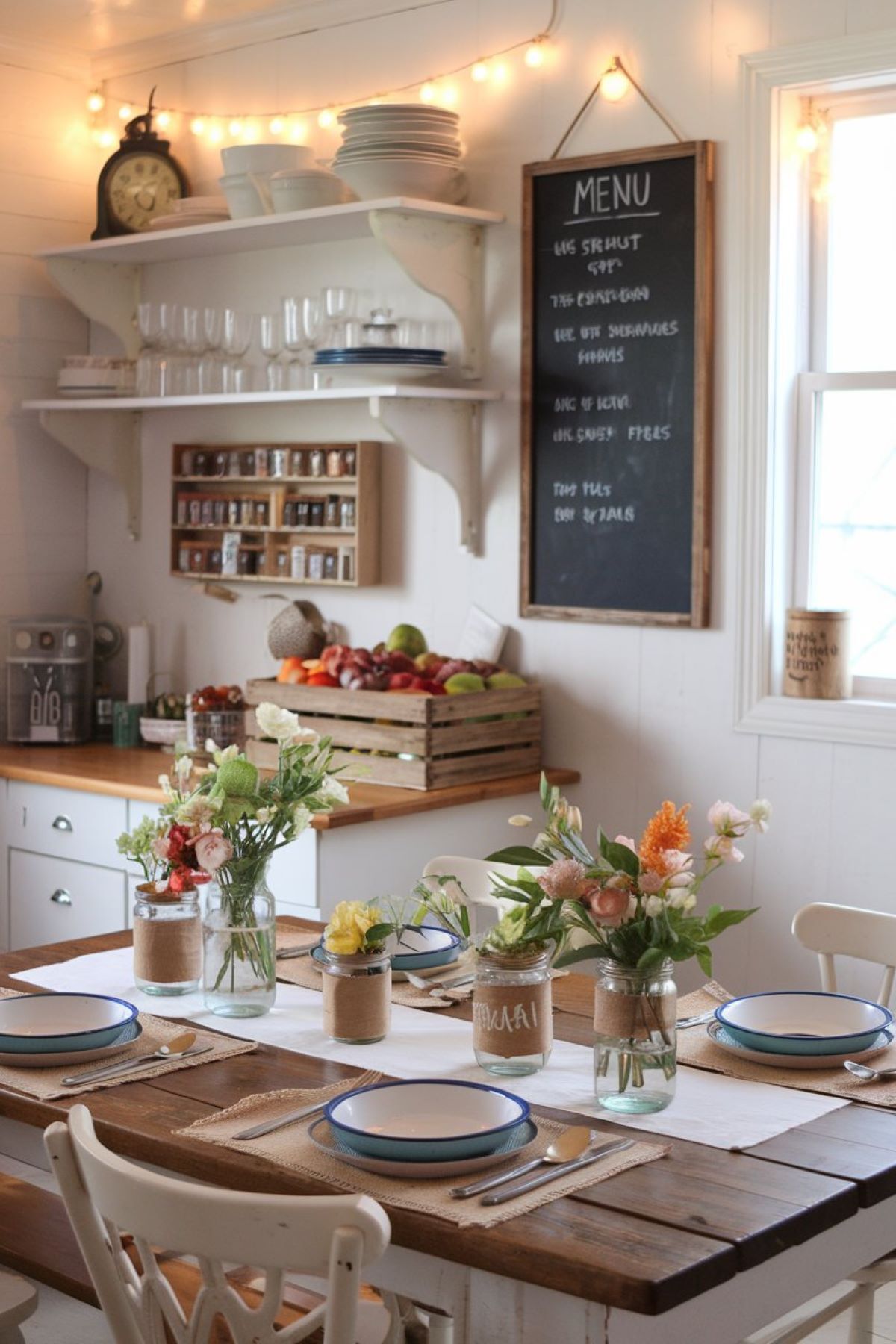 farmhouse style kitchen with wooden table top decor design