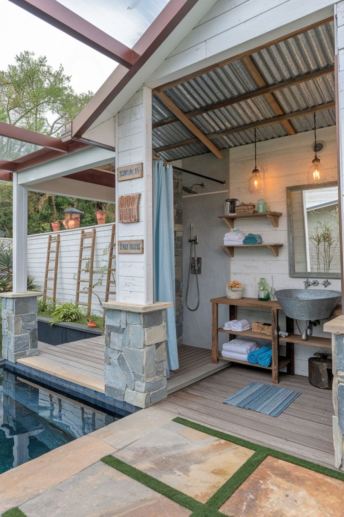 farmhouse style outdoor pool bathroom with an open air design and partial walls