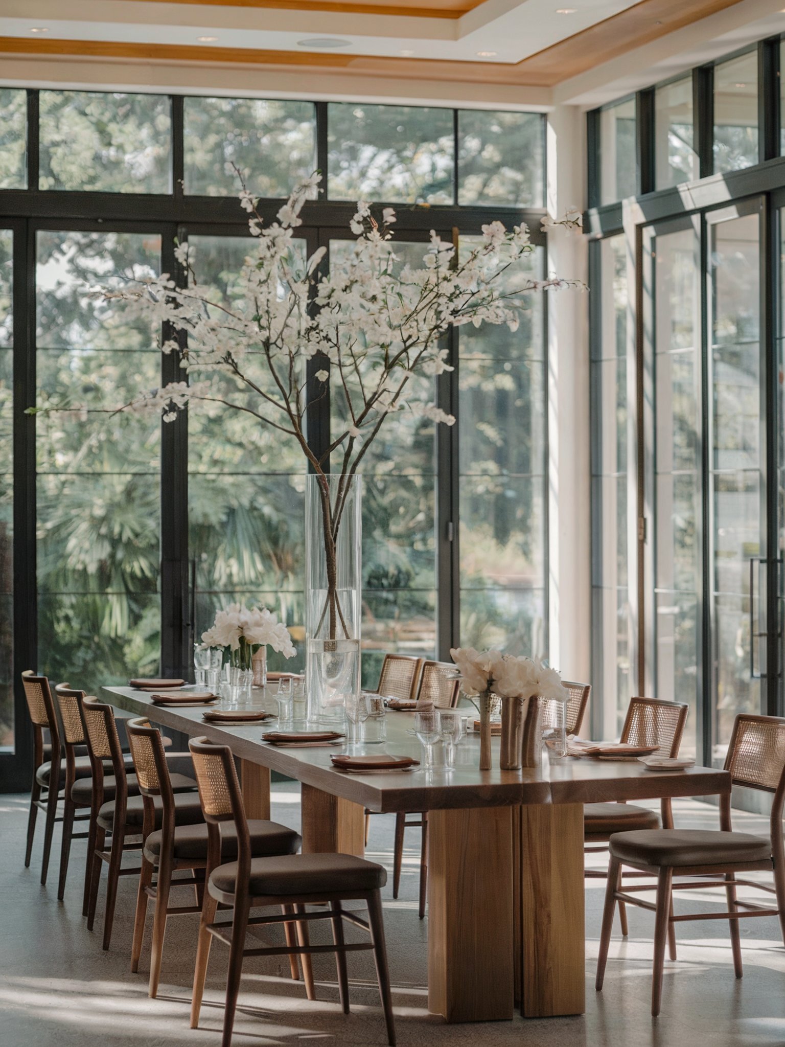 glamorous boho dining room decor long table tall vase cushioned seats