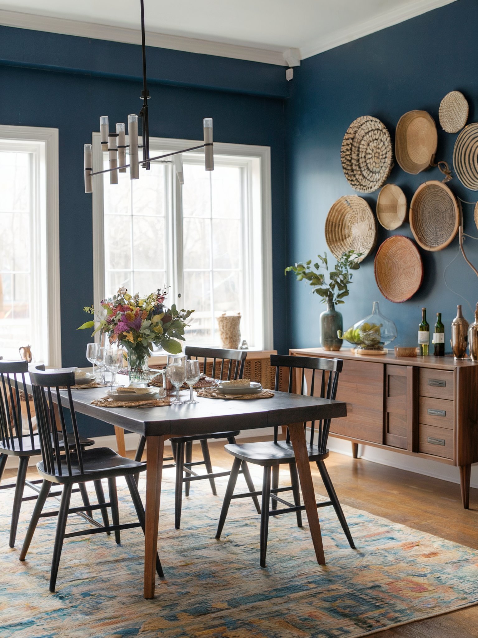 global boho dining room blue wall woven baskets floral centerpiece