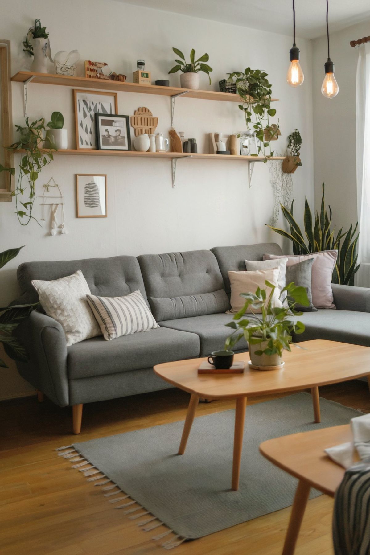 grey sofa living room ideas minimalist shelves hanging flower vase and mid table