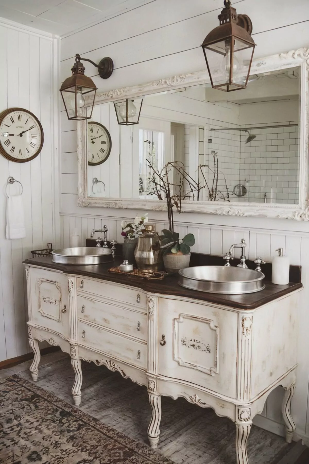 hanging pendant lights bathroom vanity farmhouse a white weathered vanity, two antique looking lanterns