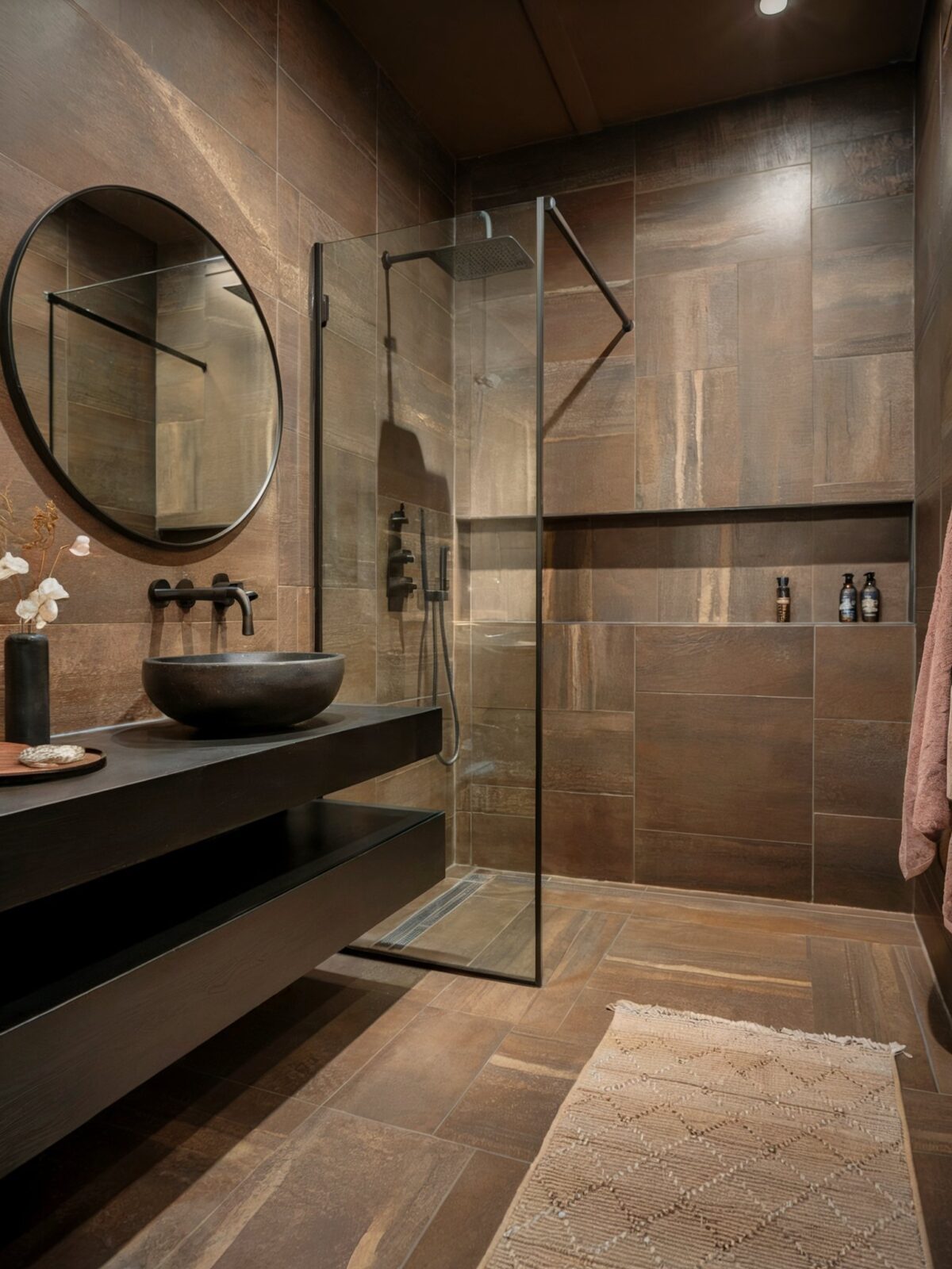 high end bathroom design luxury tile a large, textured brown tiles on the walls and floor
