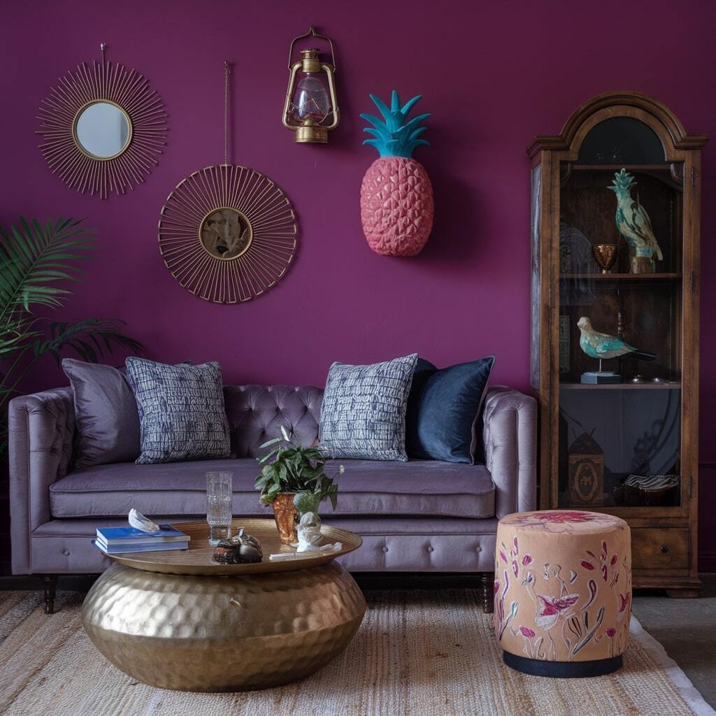 hippie eclectic living room ideas with purple couch