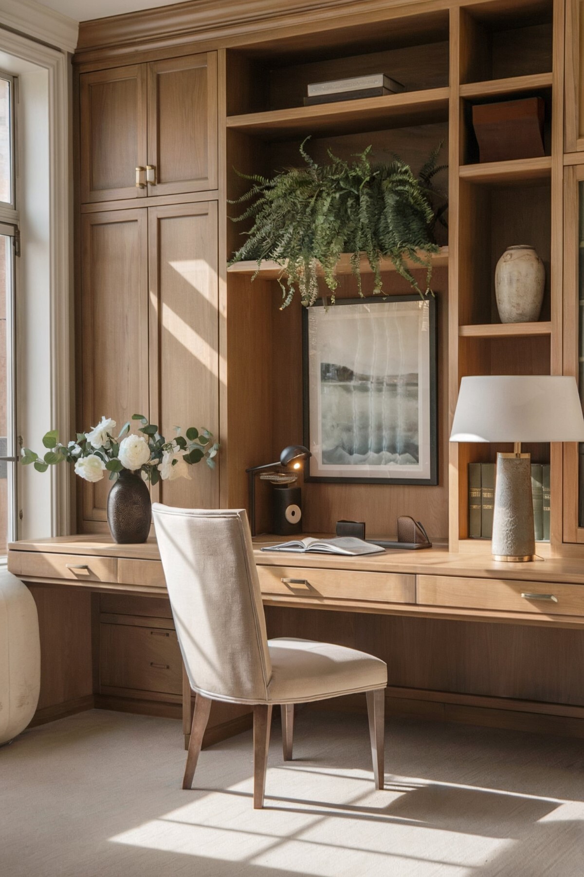 home office boho chic rustic wooden shelving unit home office that has a built in desk