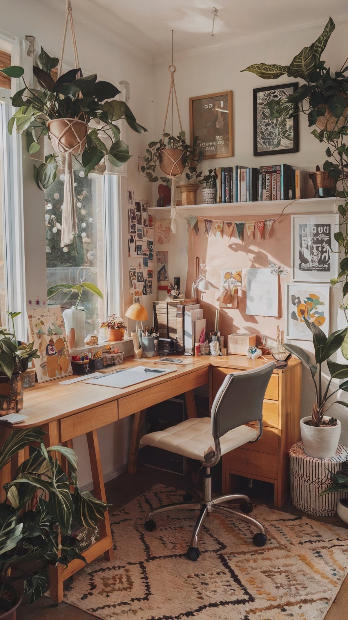 home office decor for women boho vibrant workspace decorated with a mix of framed artworks, posters, and a colorful banner