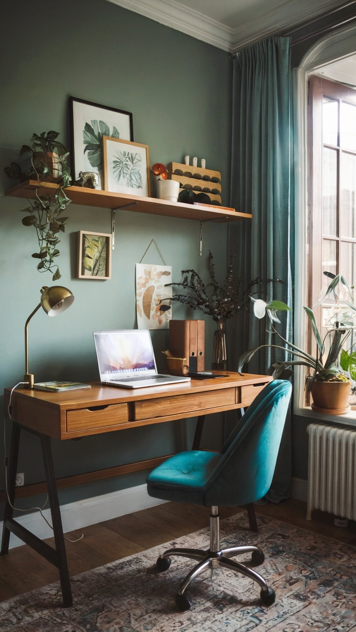home office vintage boho home office setup with a muted teal, illuminated by natural light