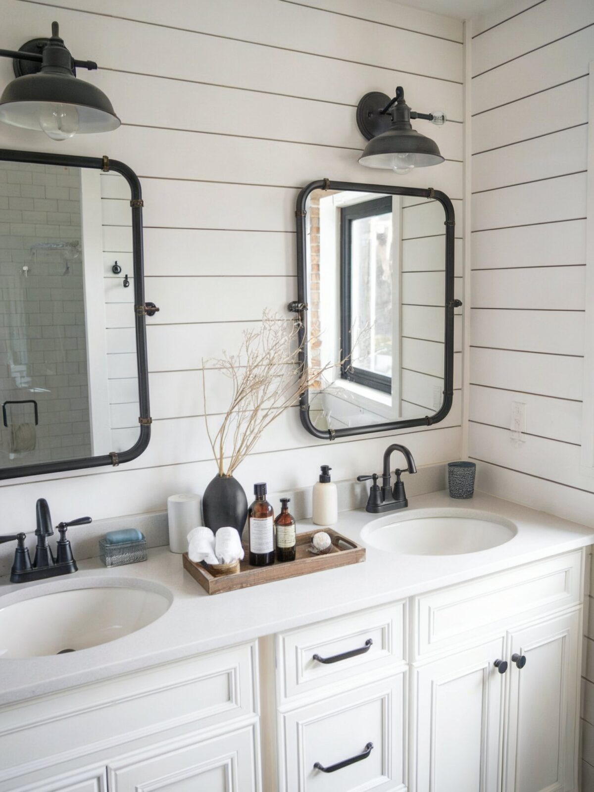 jack and jill bathroom ideas farmhouse double vanity flanked by a black vintage style wall mounted mirror
