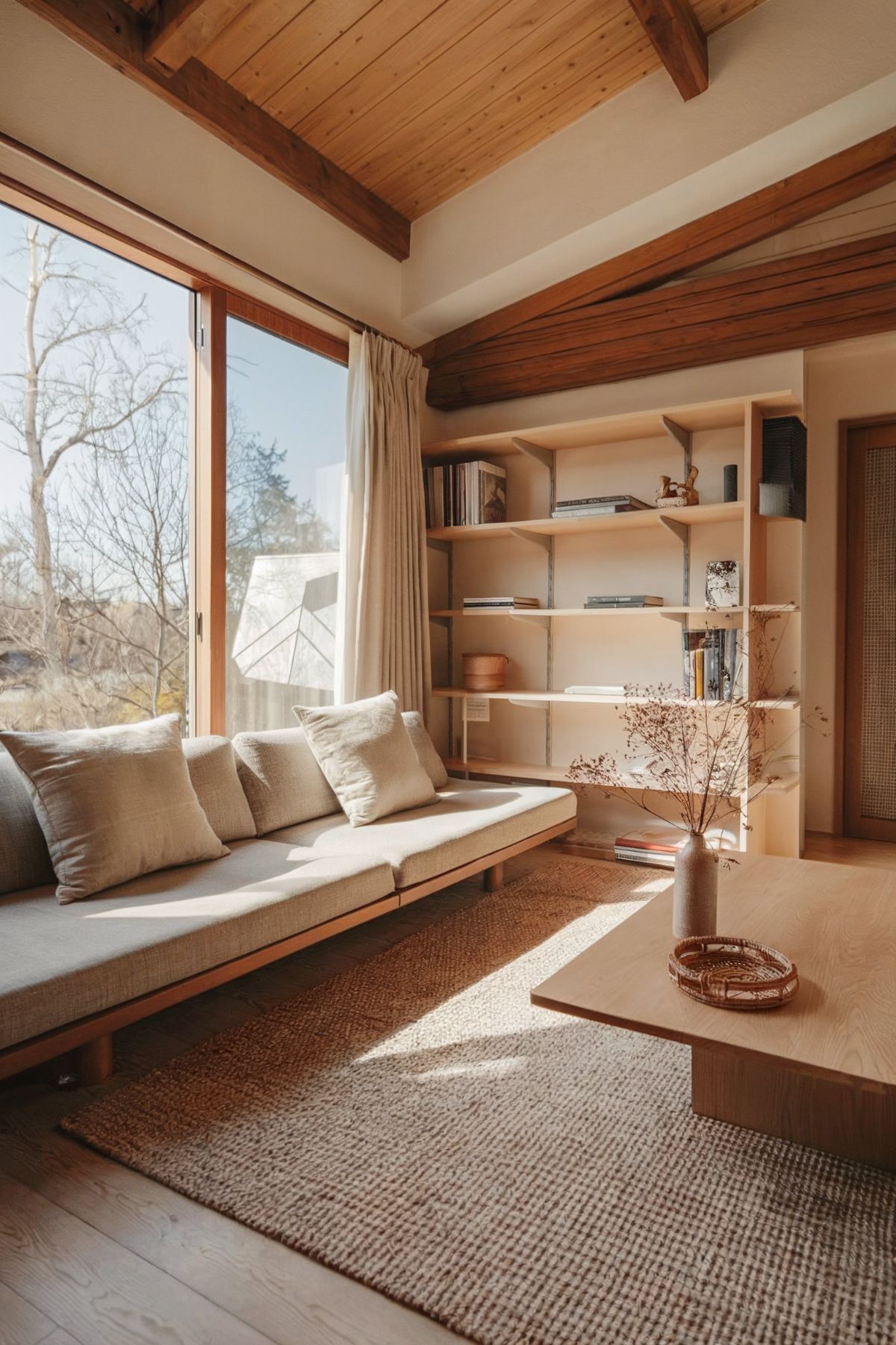 japandi interior design living room minimalist outdoor view tree shelves white chair