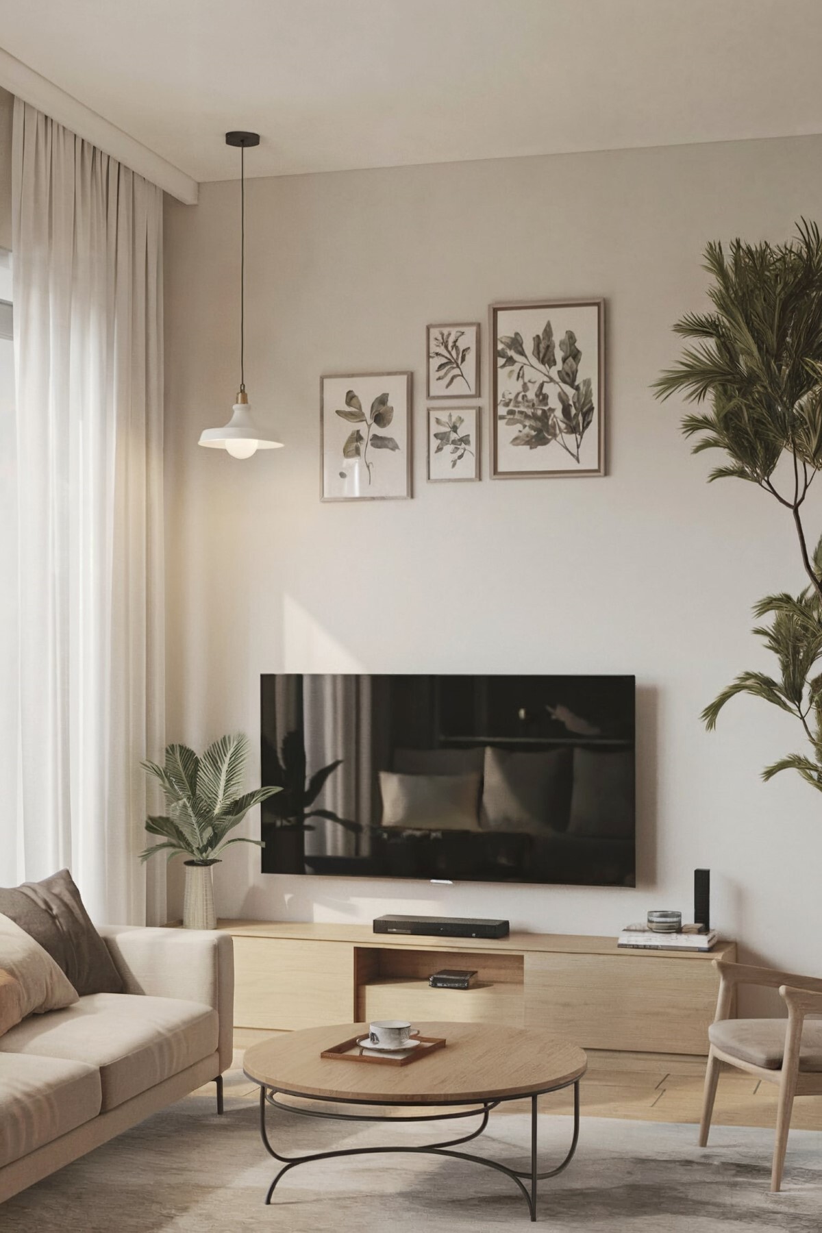 japandi living room design small modern living room with a neutral color palette, wooden tv stand and wooden table