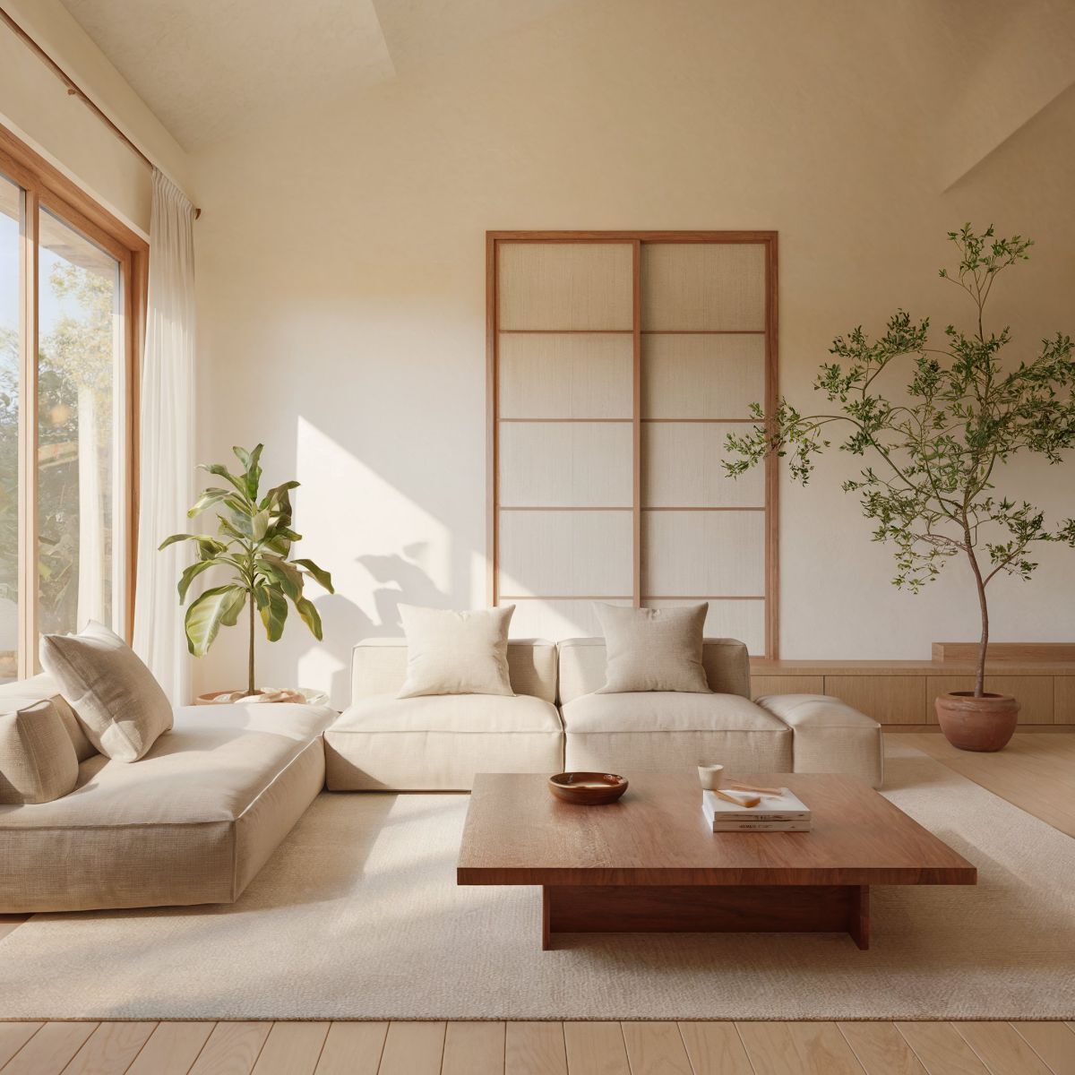 japanese minimalist living room d?cor wooden coffee table white sofa