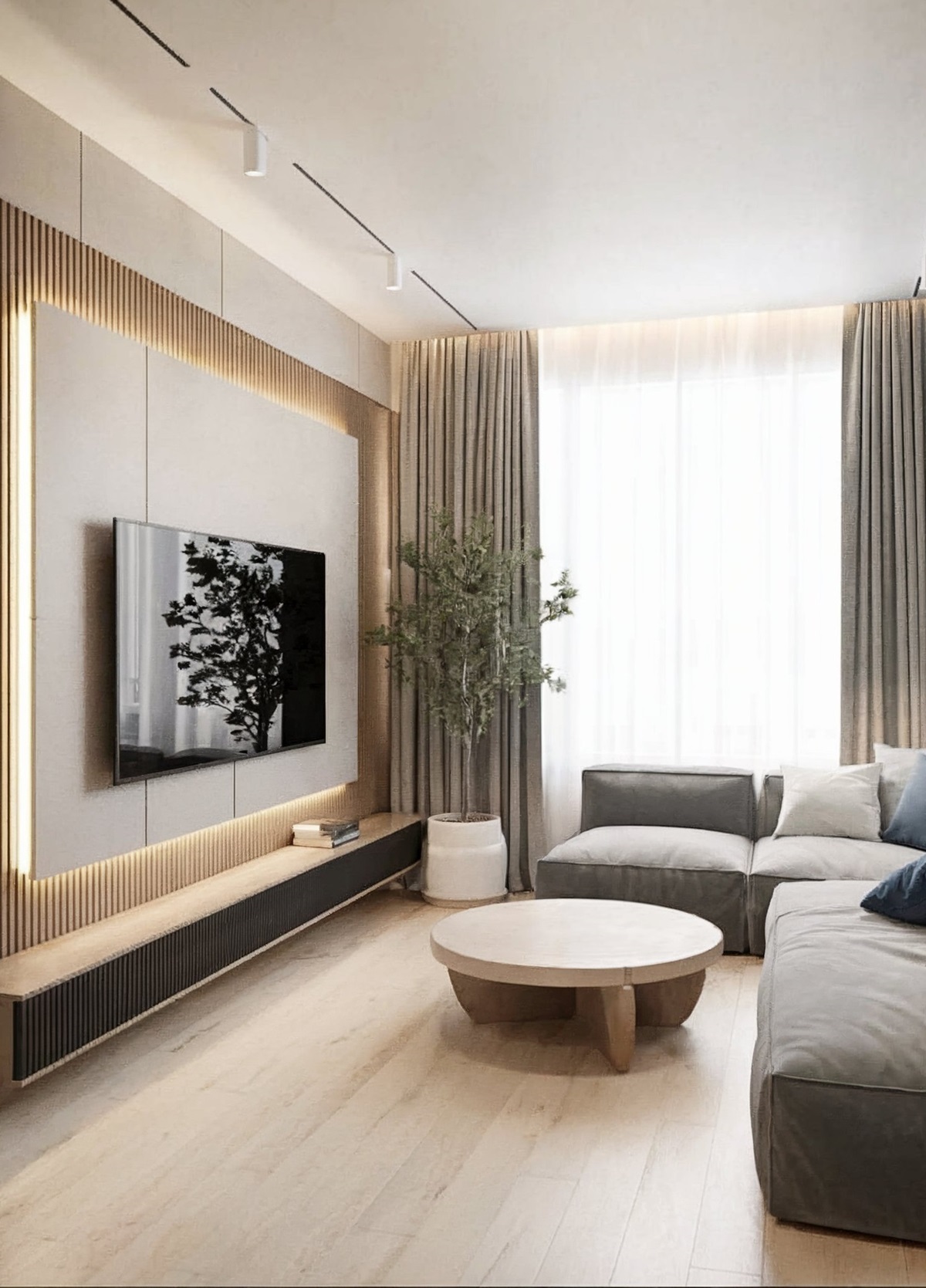 led tv panel design for living room modern small wall mounted tv embedded within a wooden panel, illuminated by a soft glow