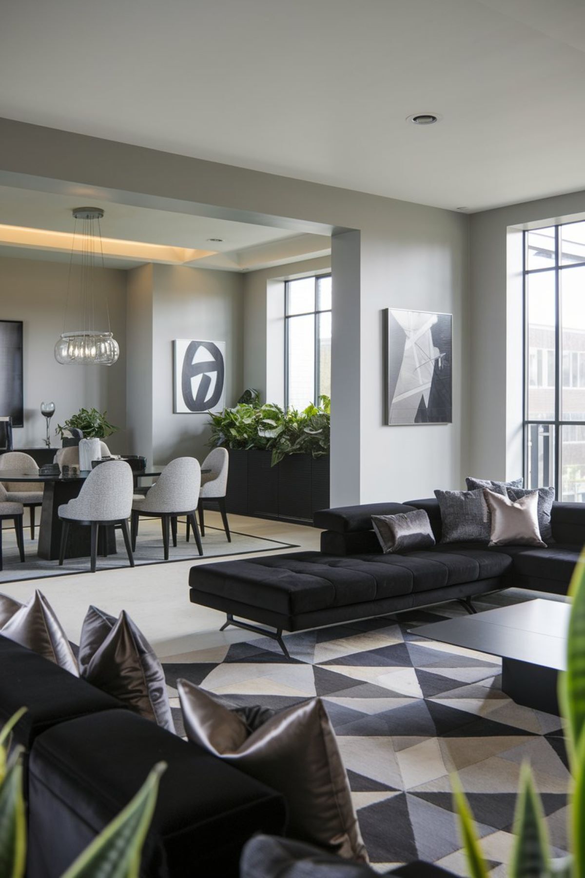 living room and dining room black and gray modern design