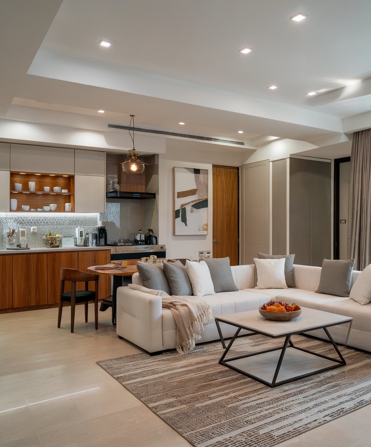 living room and kitchen partition design modern small neutral colors of a modern living room and kitchen space featuring a dinning section