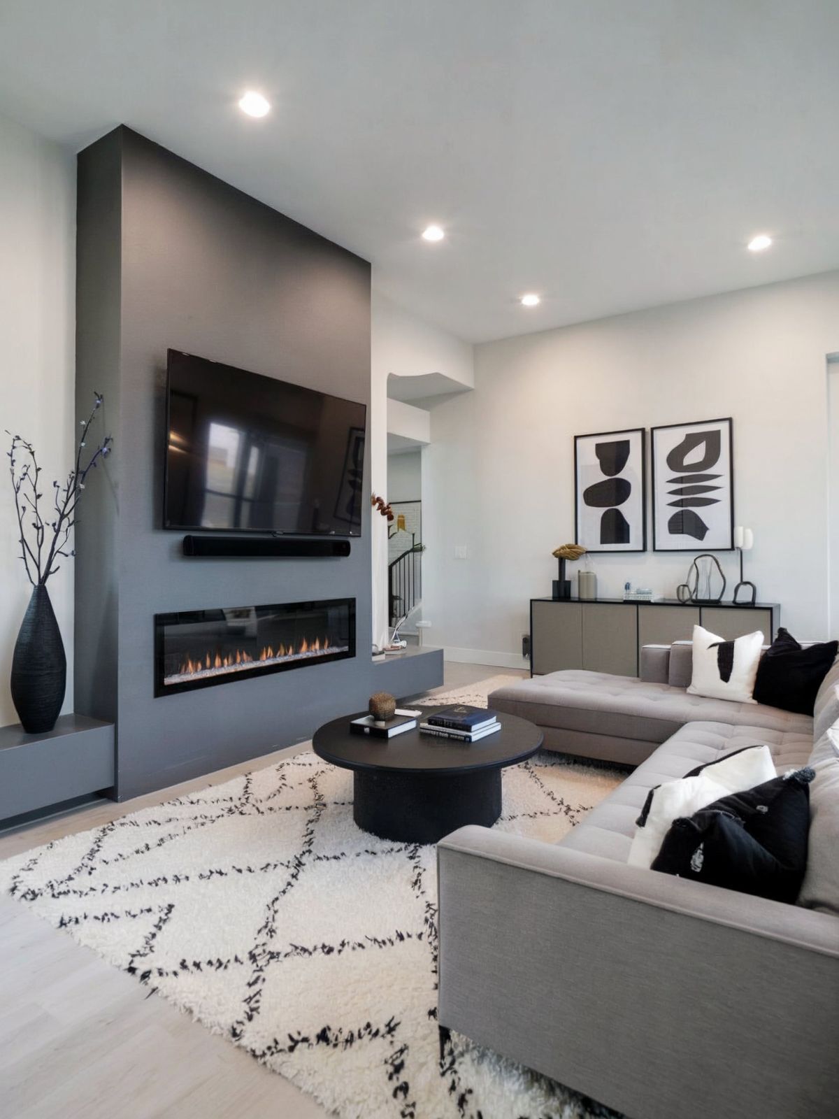 living room decor minimalist gray black coffee table books decorations