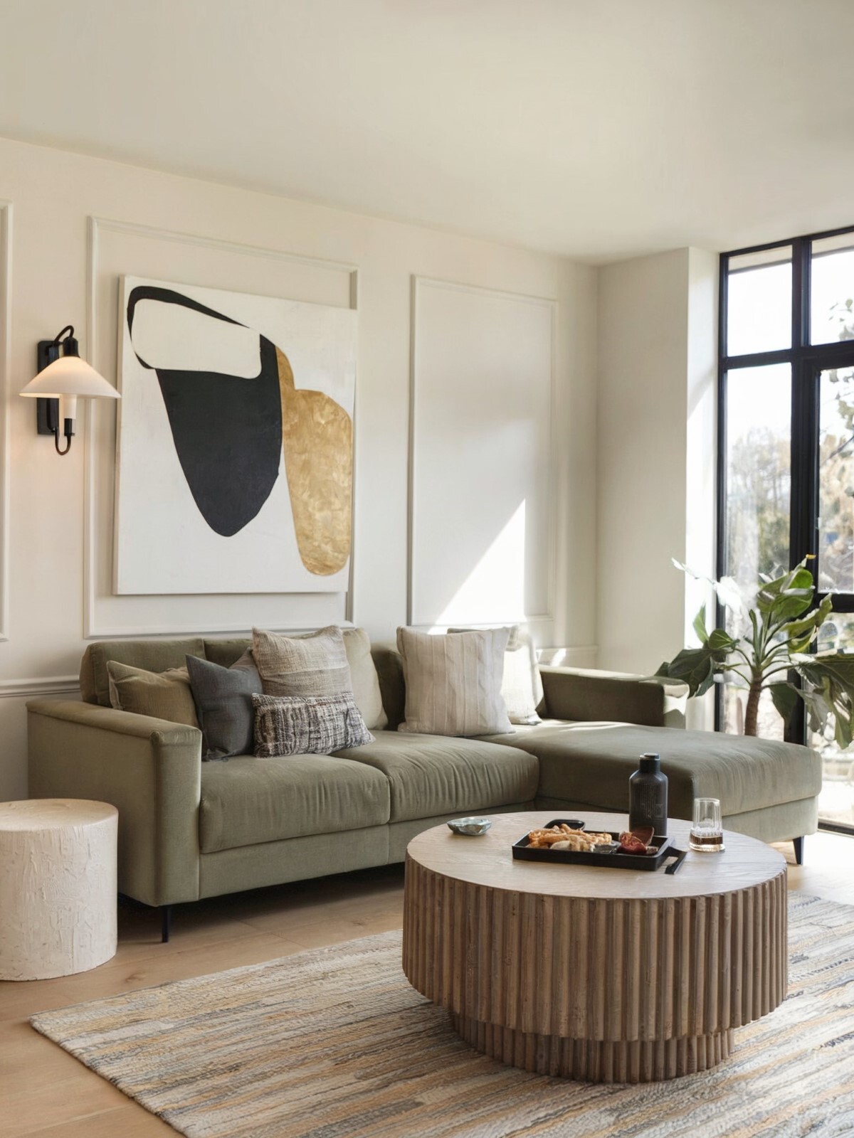 living room designs small spaces mid century modern well lit living room with plush green sofa and round wooden coffee table