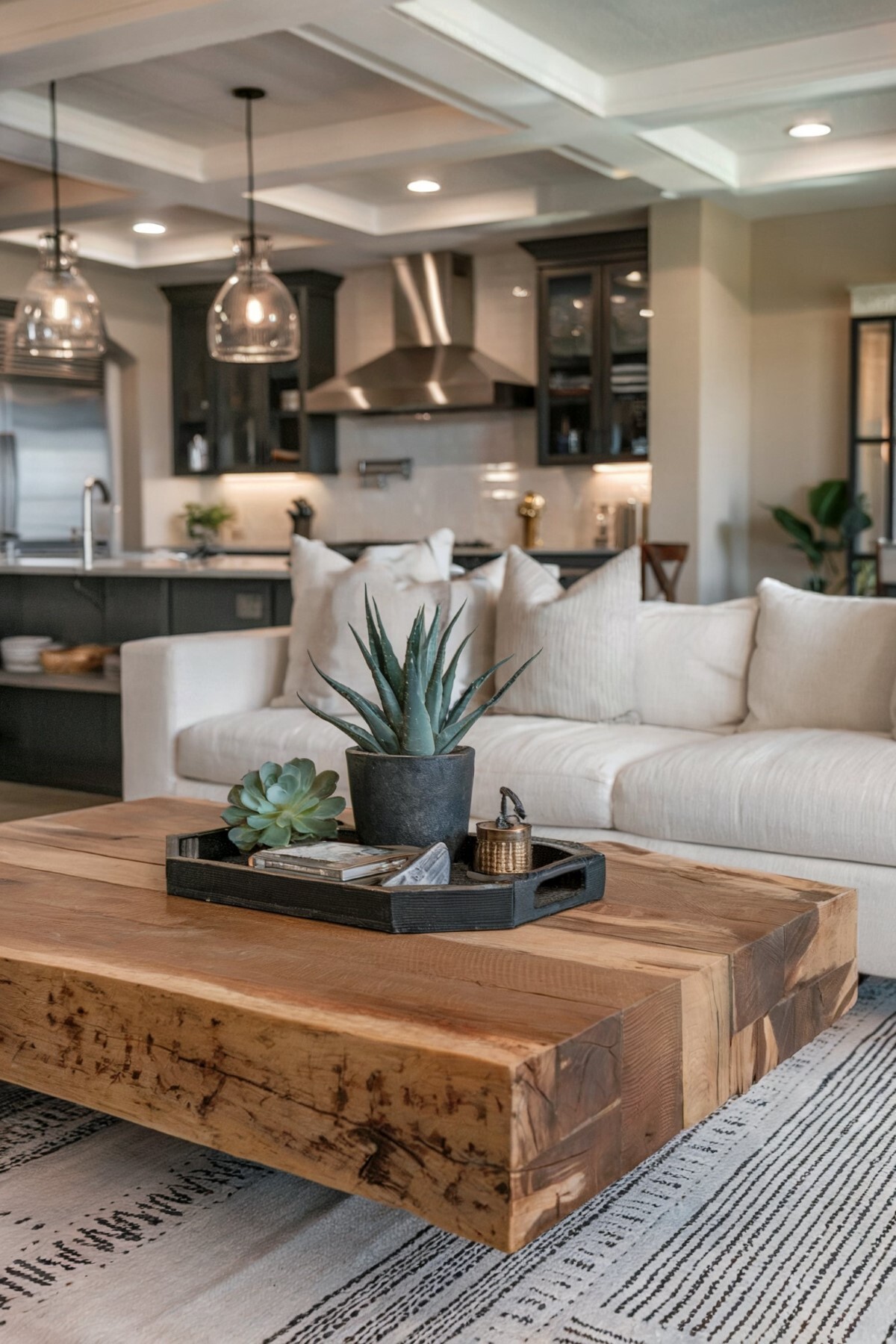 living room modern design small space living room with a prominent wooden coffee table and patterned rug floor