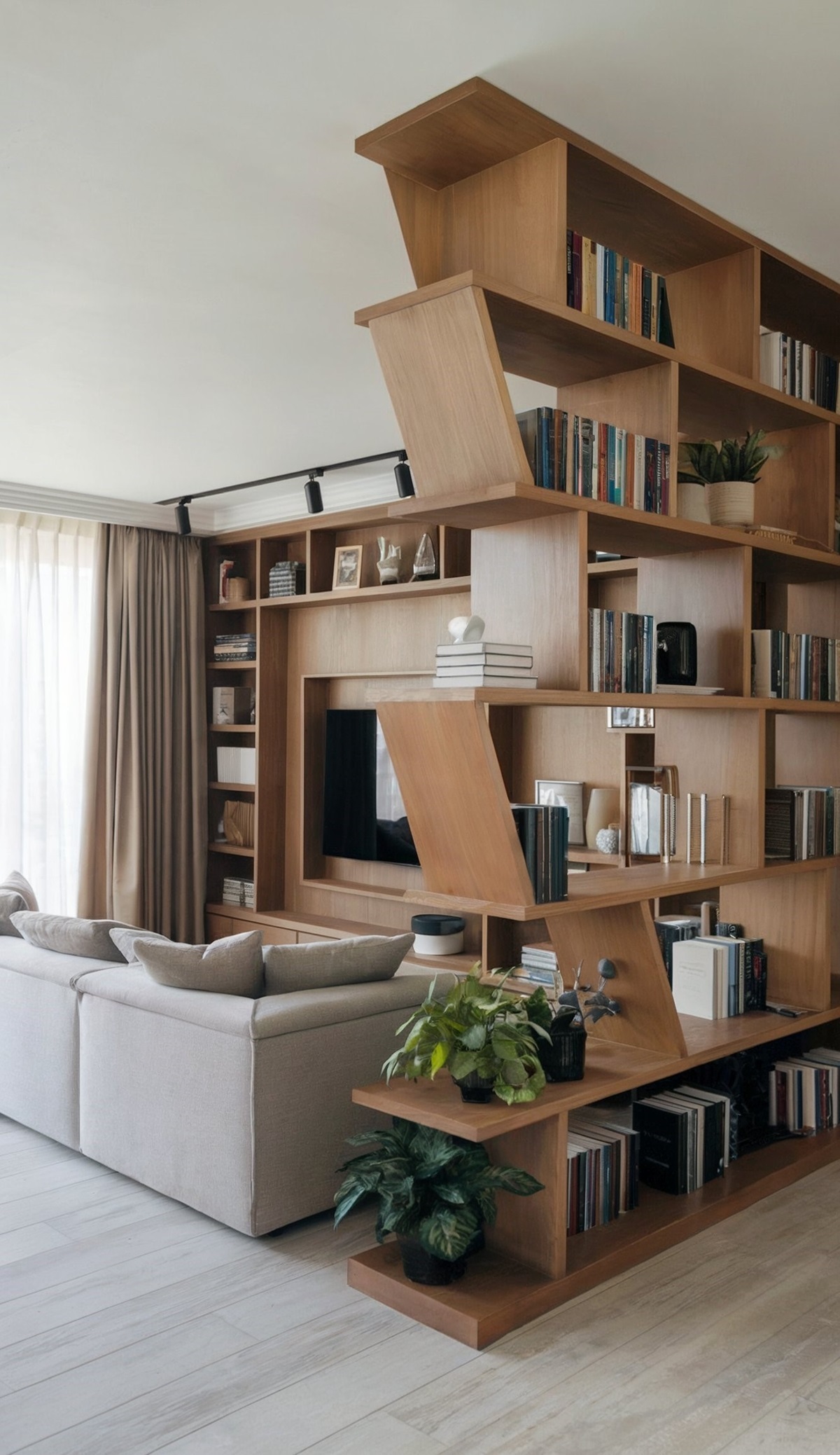 living room partition design small spaces modern modern living room with a prominent wooden bookshelf creating a unique artistic look