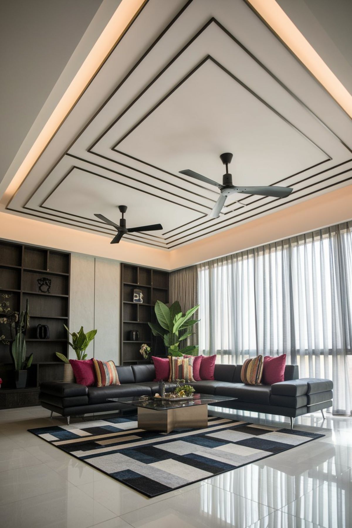 living room pop ceiling design modern with 2 fans black