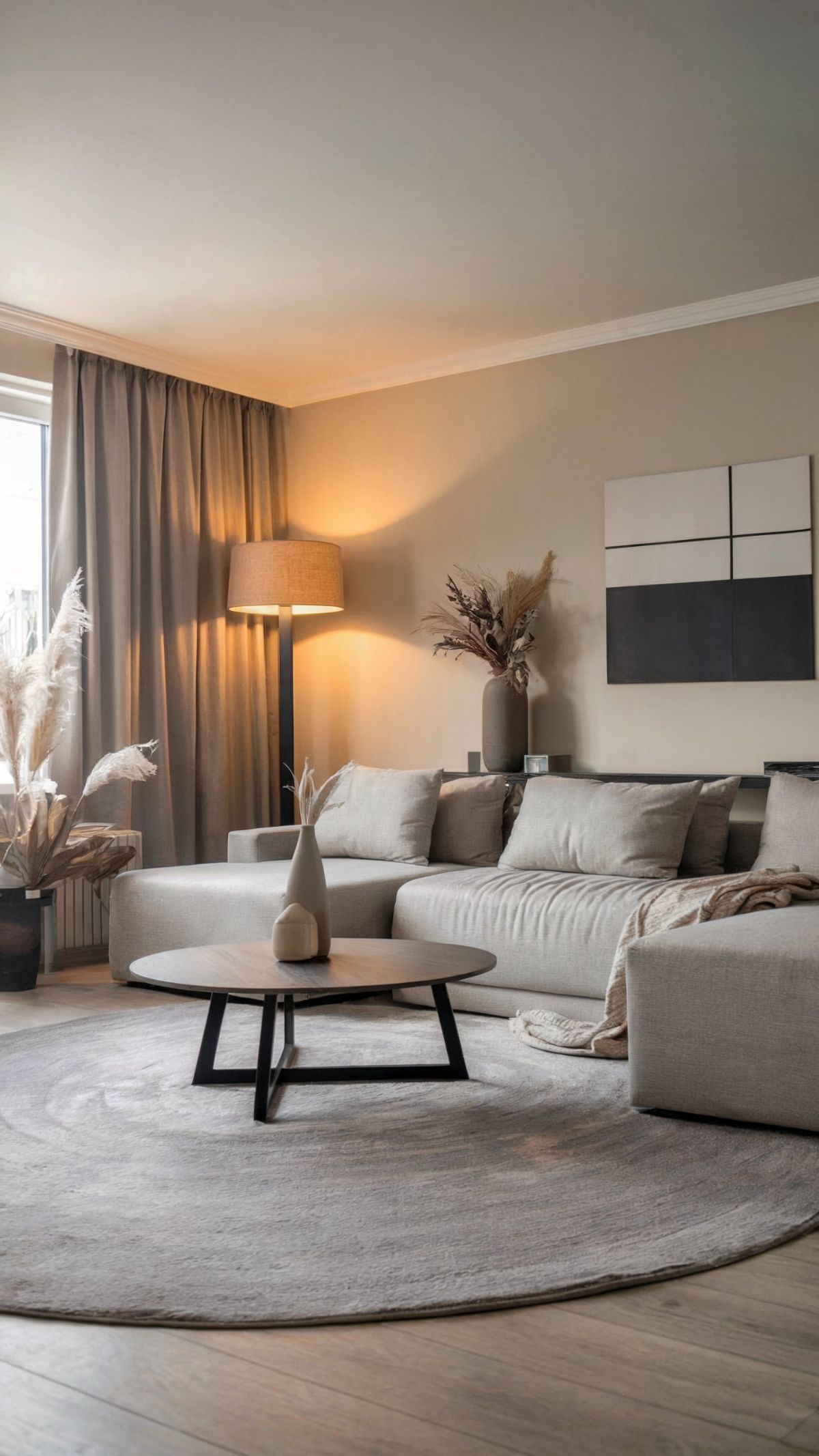 living room with kitchen ideas minimalist grey sofa white and black art work