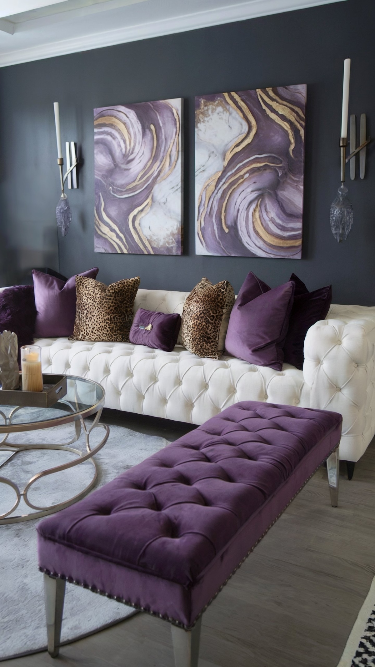 luxurious dark grey purple and gold living room