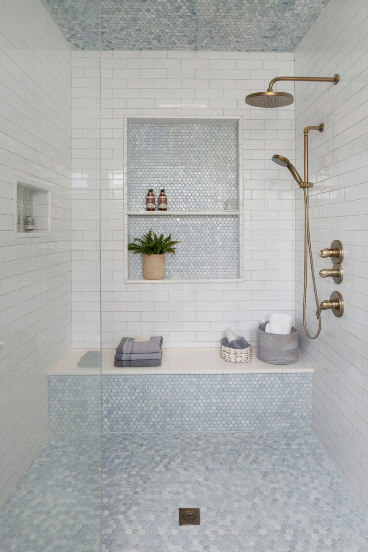 luxury bathroom tile ideas floor a mosaic of small blue hexagonal tiles on floor to match ceiling