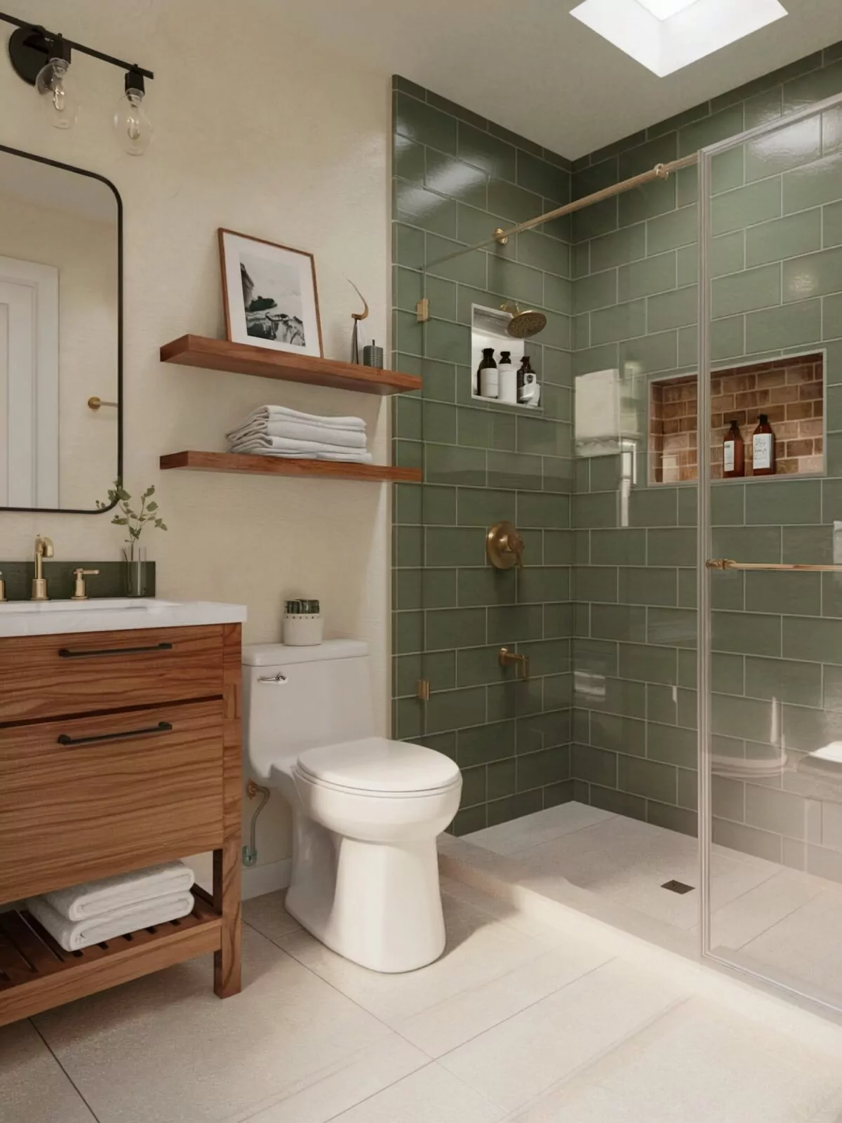 luxury bathroom tiles design ideas green tiled walls, a shower area, enclosed by clear glass with gold fixtures