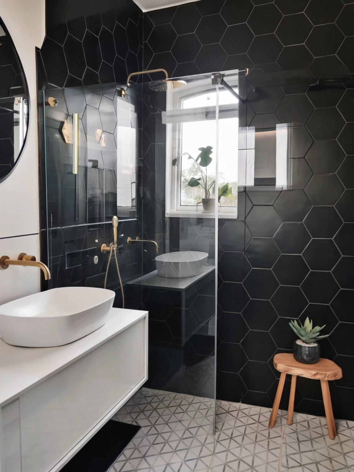luxury hexagon tile bathroom a predominantly monochromatic color scheme with hexagonal black tile wall