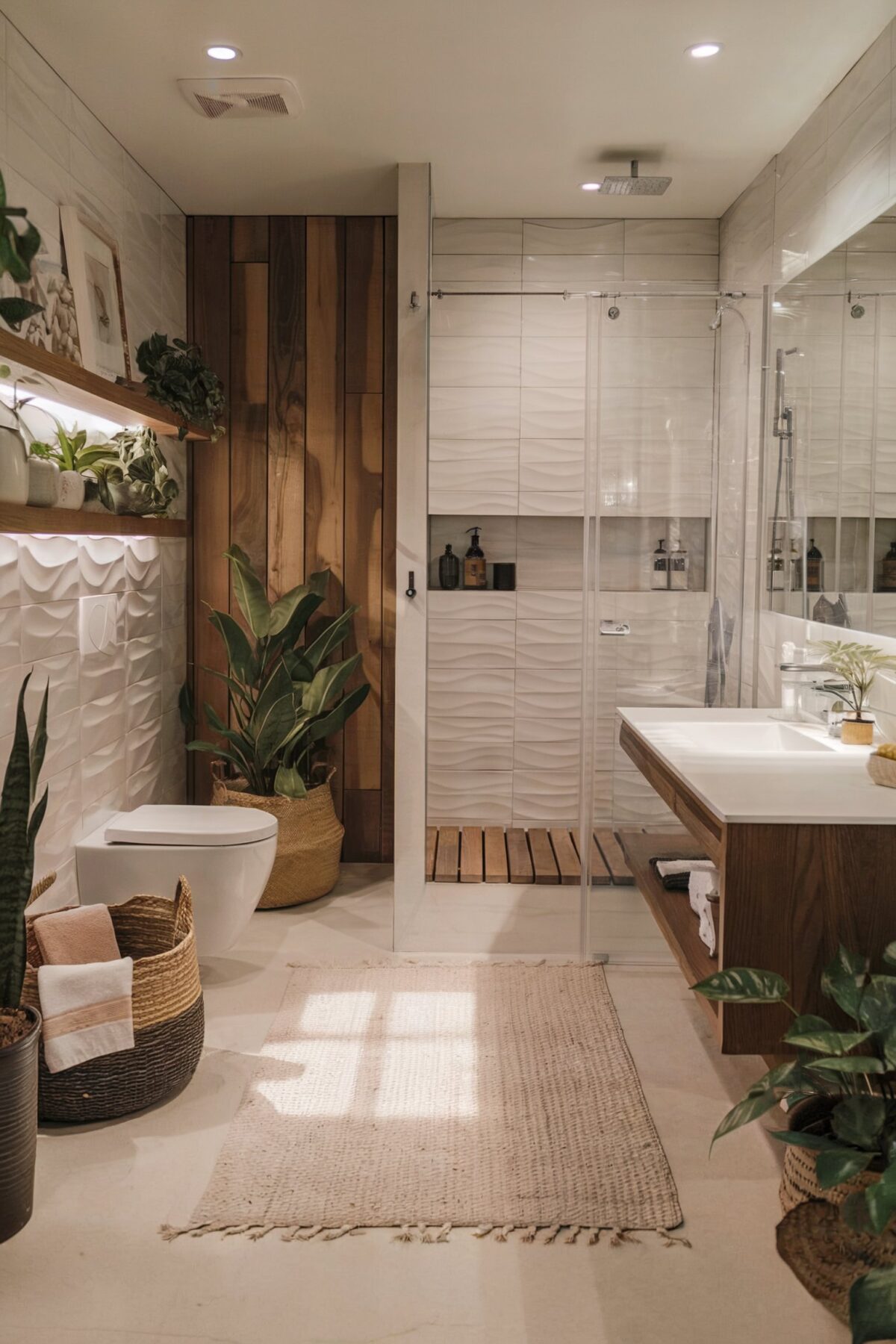 luxury marble tiles bathroom a wooden wall featuring a unique 3D wave pattern marble tiles