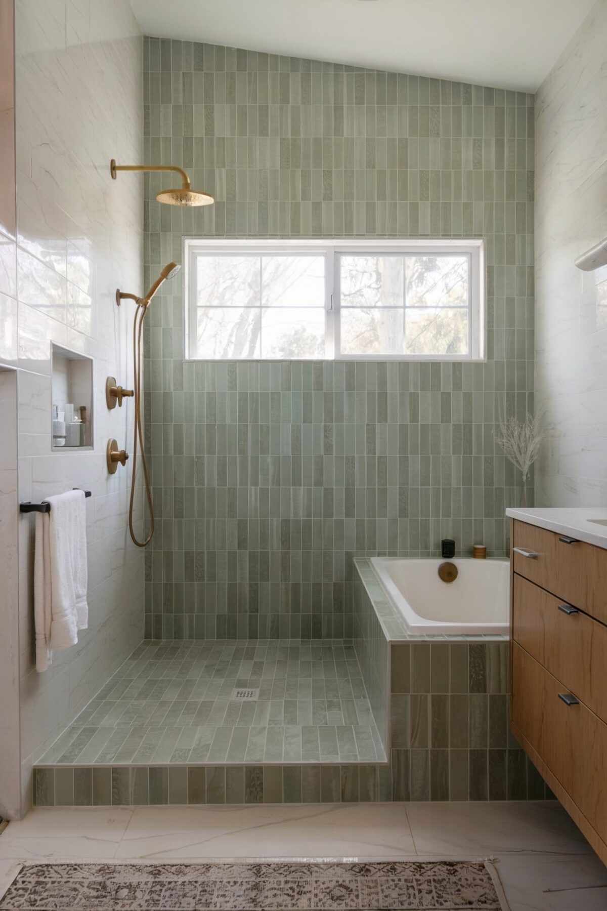 luxury vinyl tile bathroom spa retreat ideas with a predominant color palette of muted greens and whites