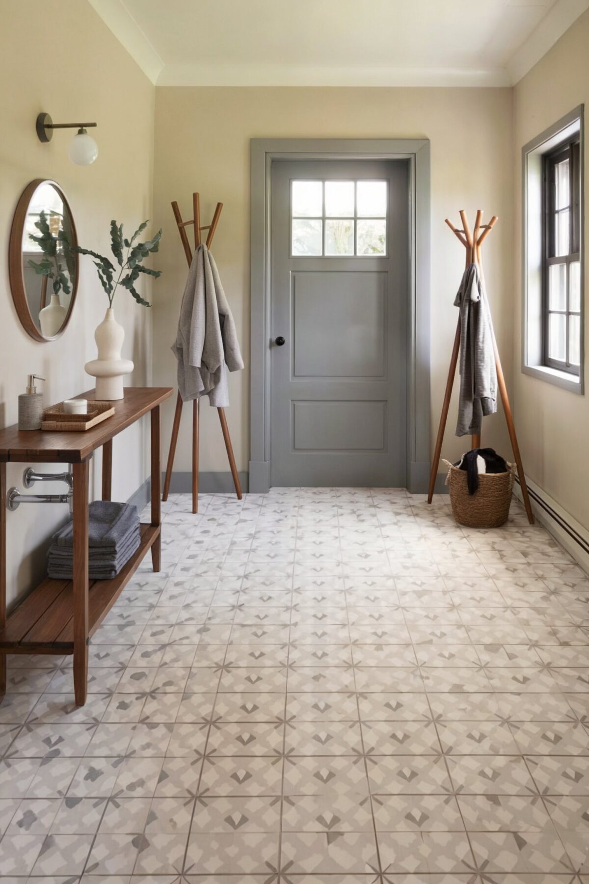luxury vinyl tile flooring bathroom ideas space adorned with a geometric patterned vinyl tile in shades ofwhite and gray