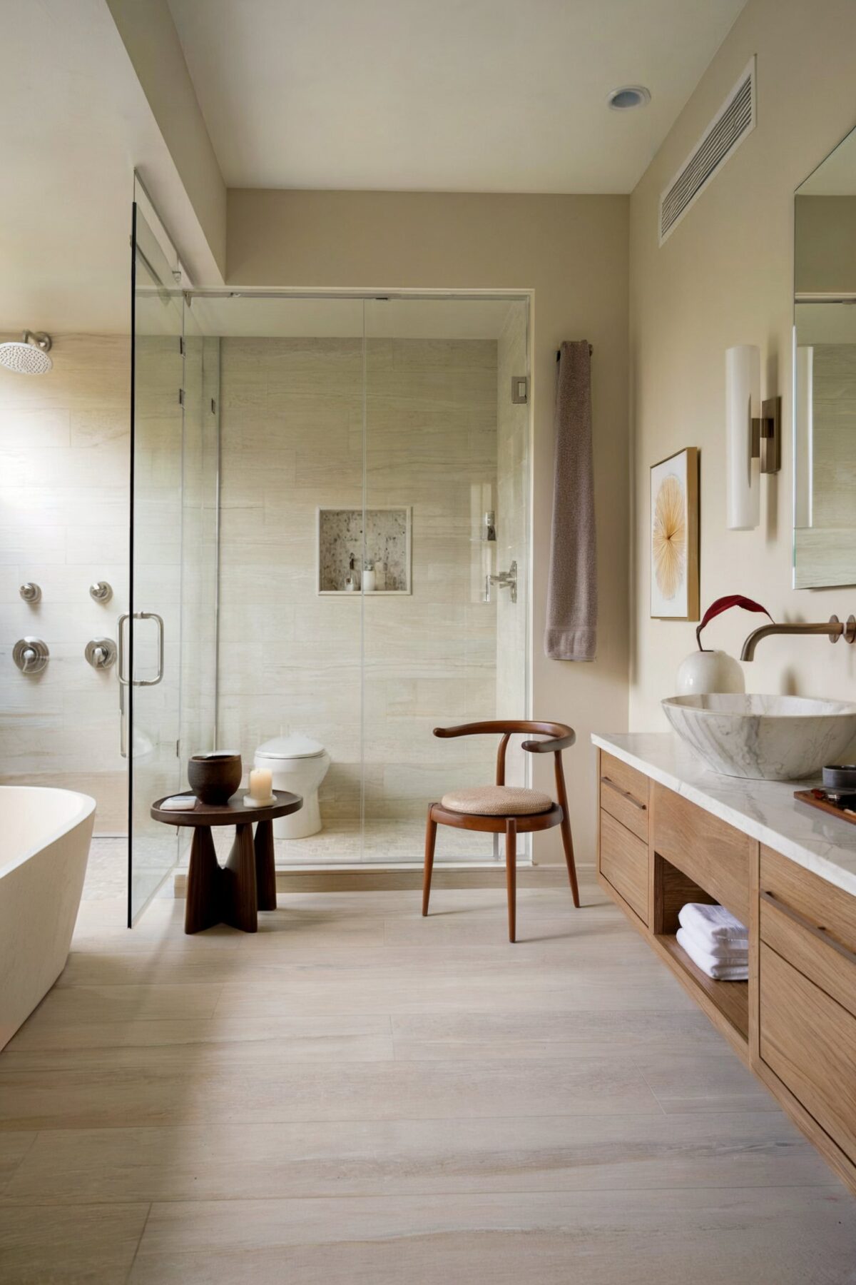 lvt flooring planks luxury vinyl tile bathroom with walls painted in a muted beige3