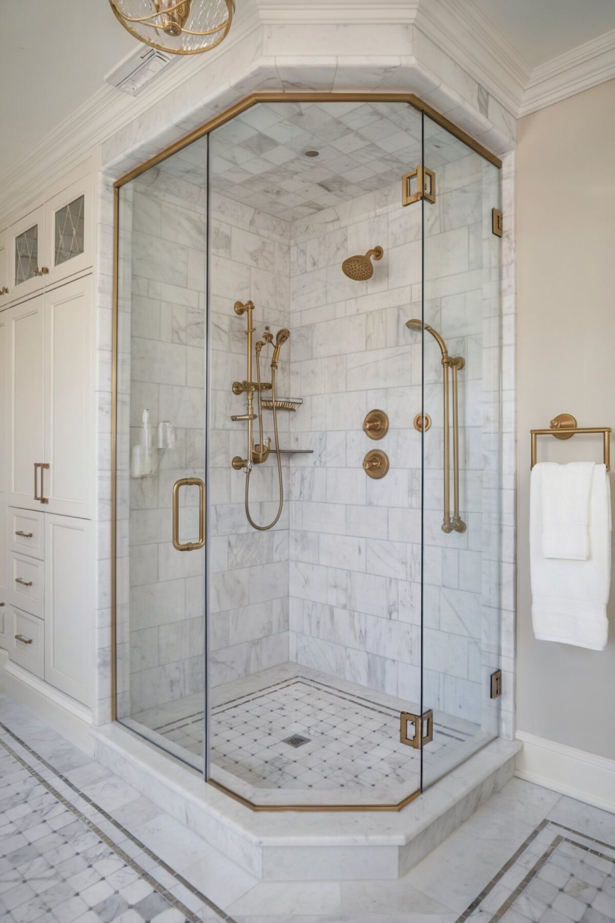 master ensuite bathroom luxury tile with shower is adorned with marble tiles, on walls and floor