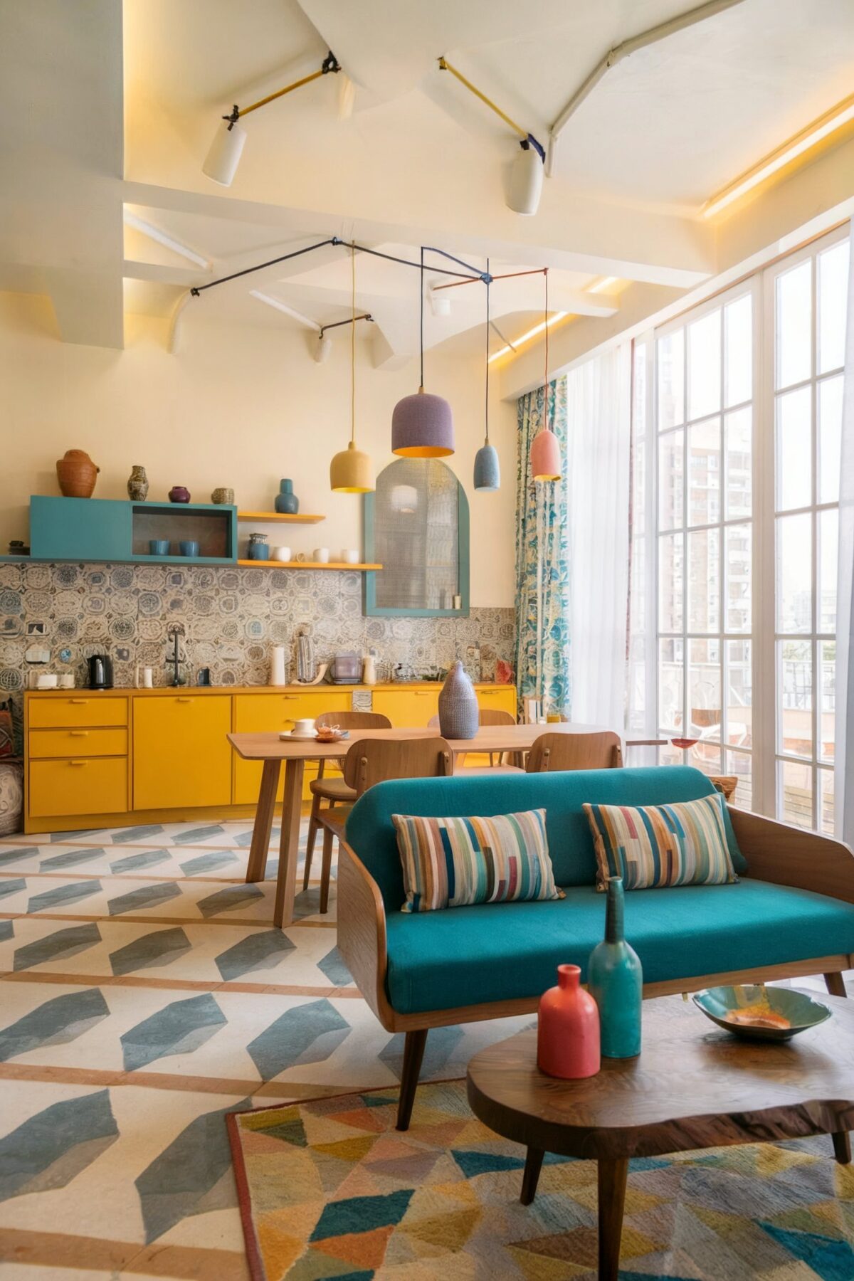 maximalist decor eclectic dining room colorful yellow blue theme