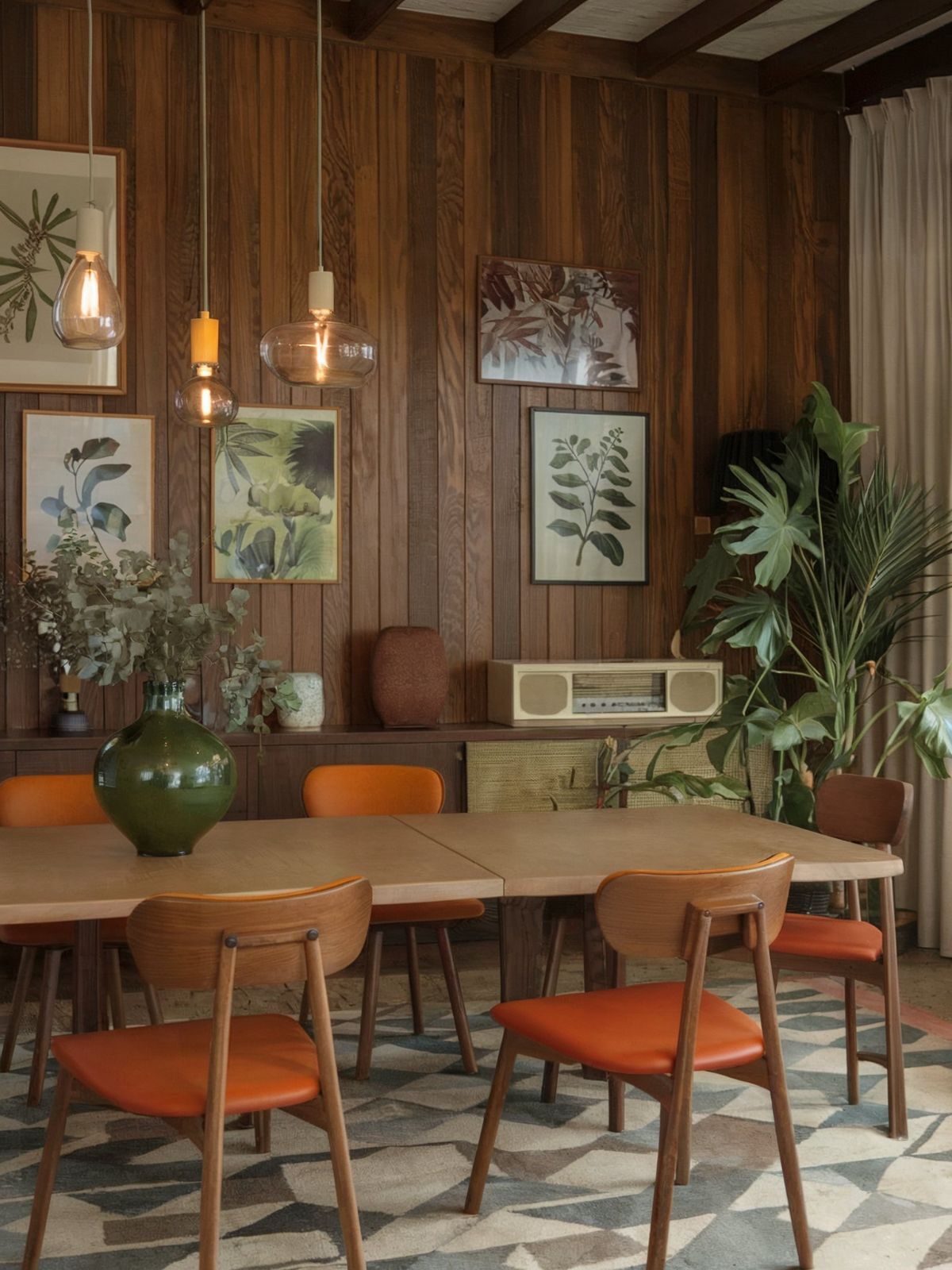 mid century modern 70s dining room ideas orange chair flower vase hanging light