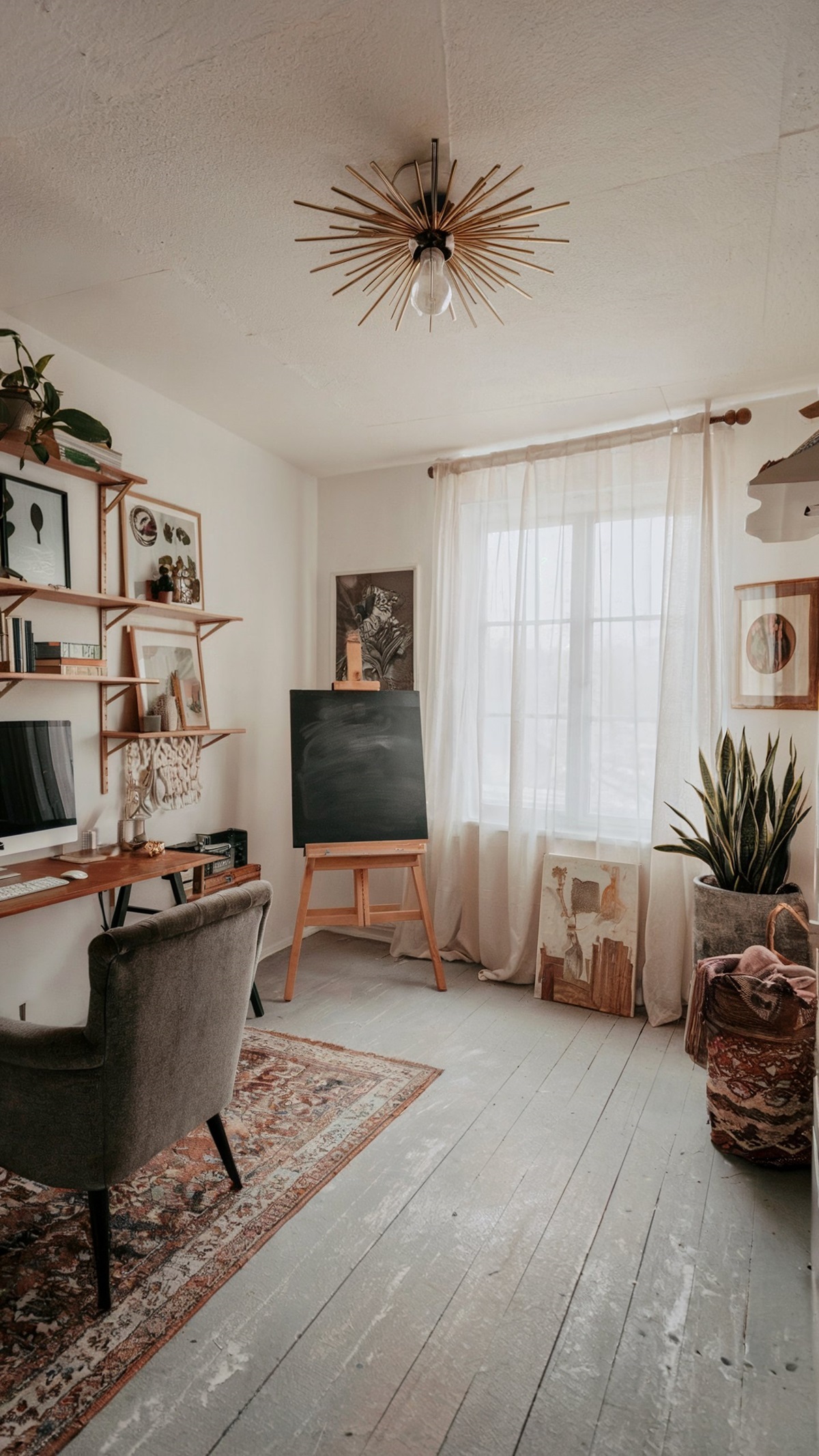 midcentury modern boho home office an artistically designed working space with a plush gray armchair