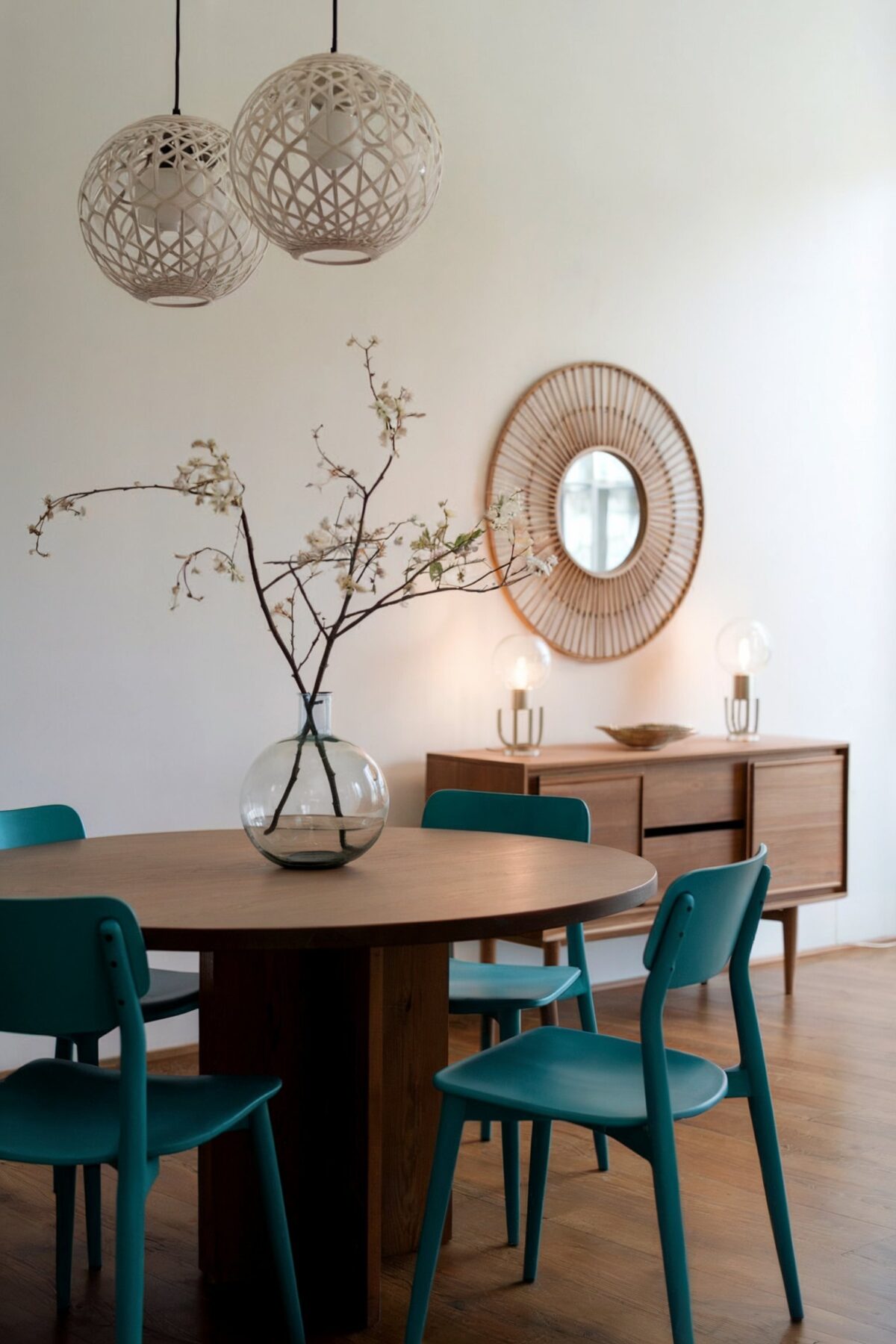 minimal eclectic decor dining room teal chairs clean white wall brown round table