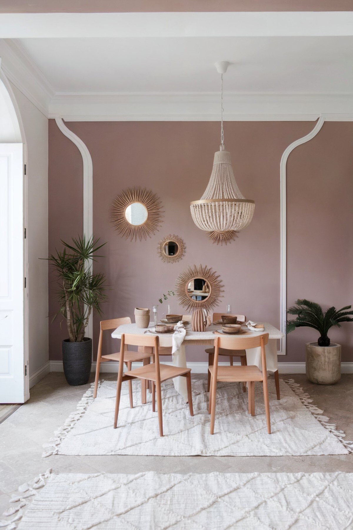 minimalist dining room ceiling design dining area with a muted pink wall and white ceiling