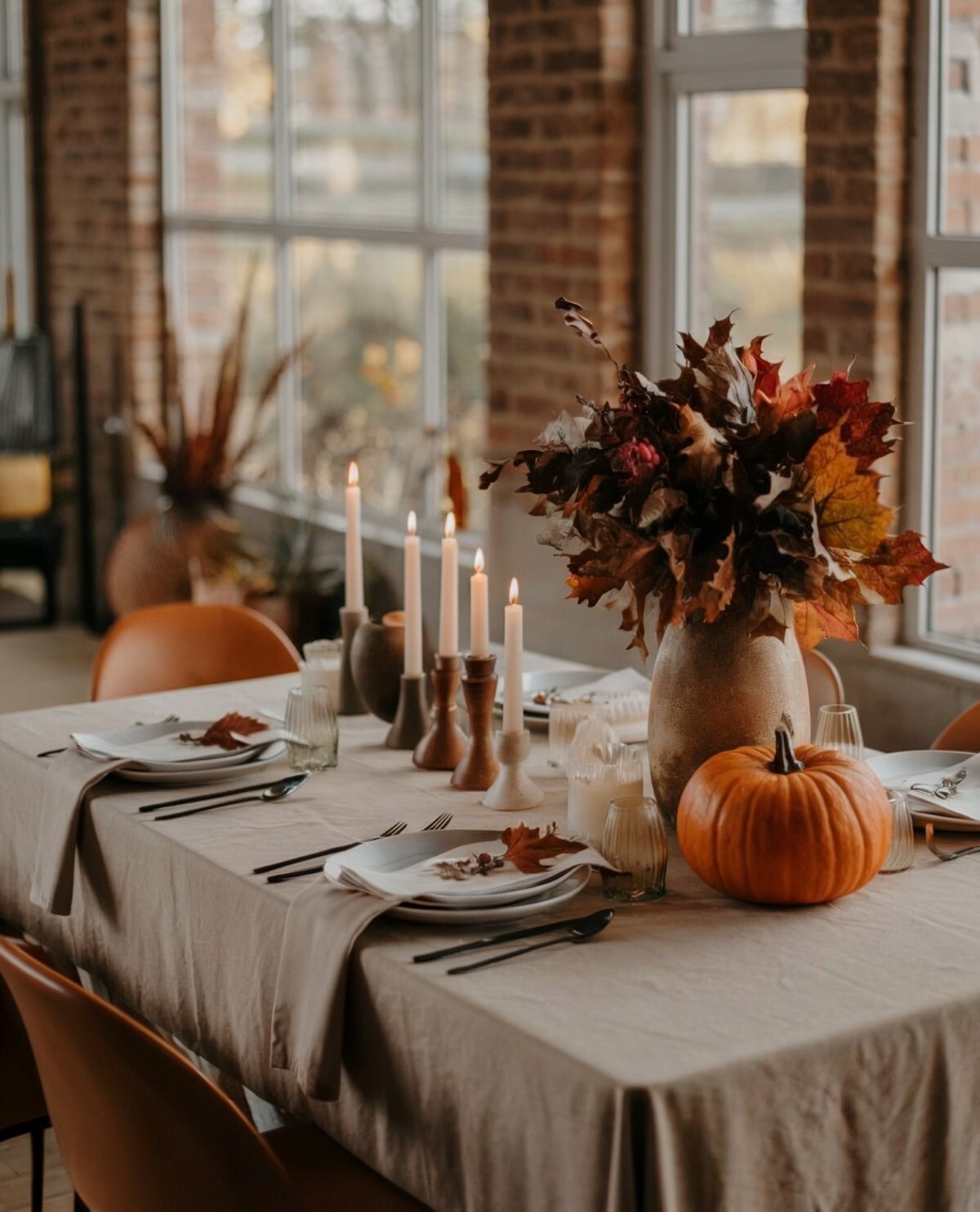 minimalist fall decor dining room dining table with a beige tablecloth and decorative items having colors of the fall season