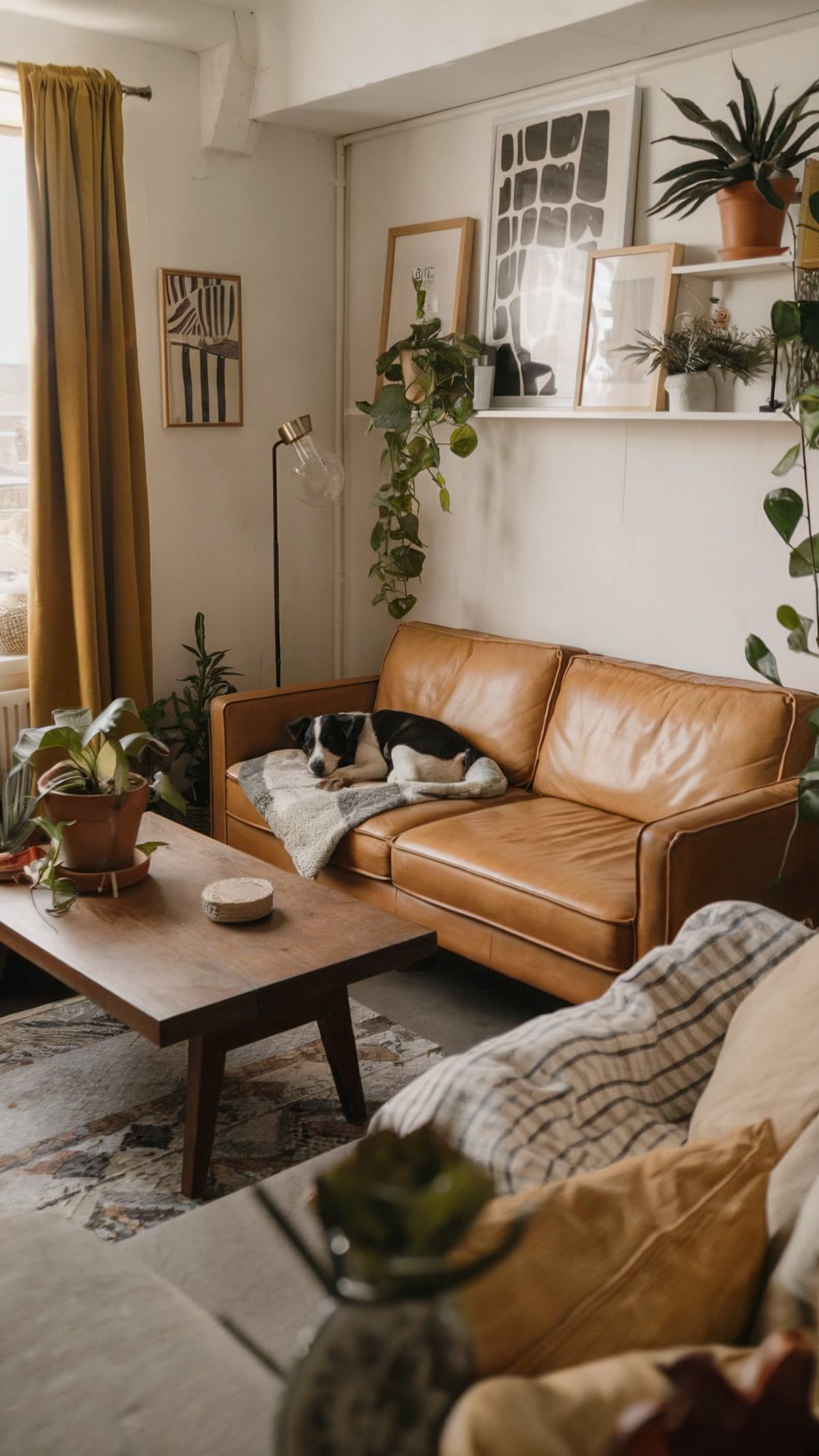 minimalist living room decor brown couch potted plant