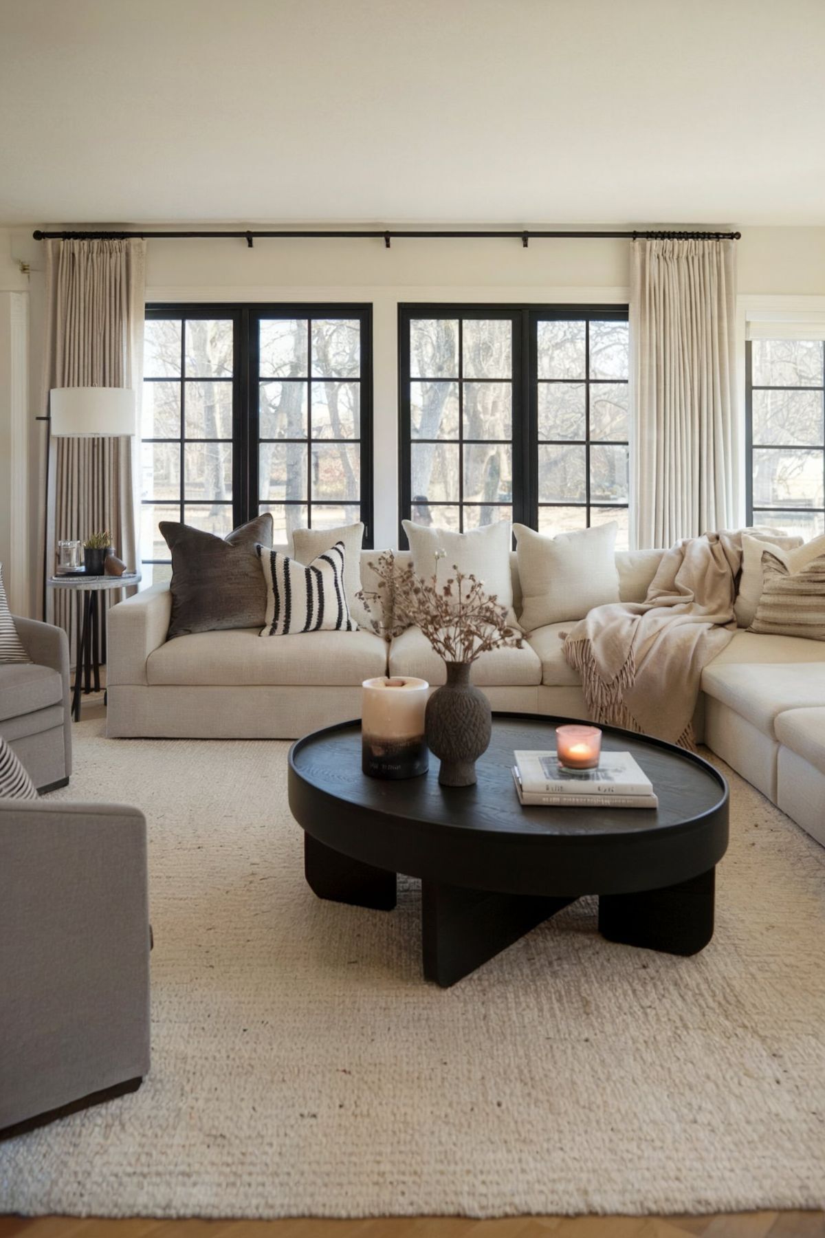 minimalist living room d?cor flower vase dark table open window