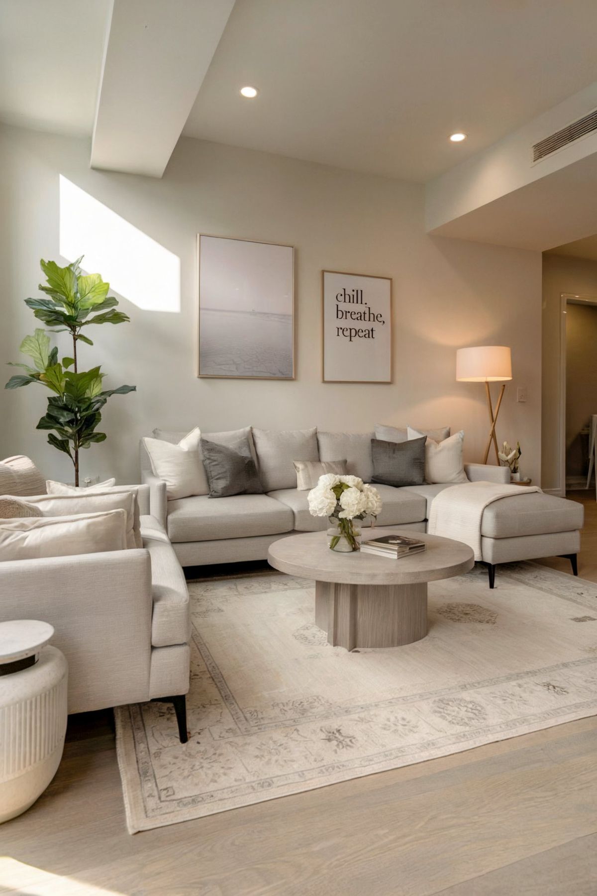 minimalist living room decor grey couch plush gray sofa frame pictures