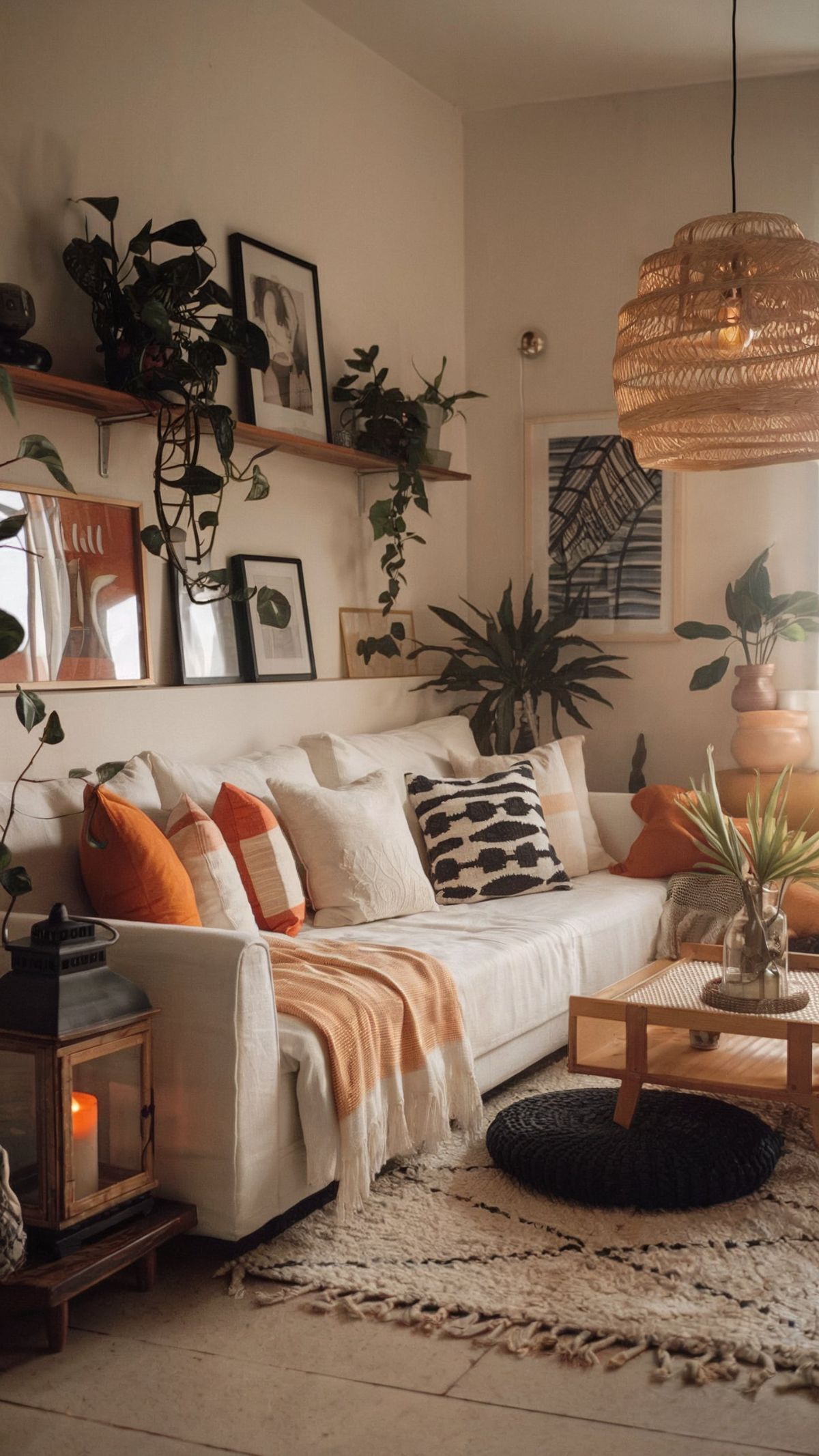 minimalist living room decor white wooven pendant light white cushion