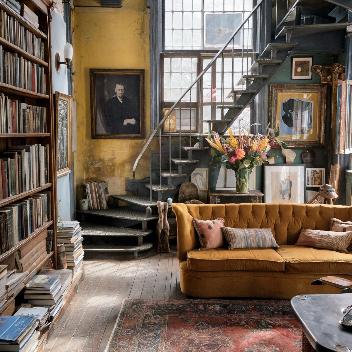 minimalist living room ideas with yellow couch book shelf with books flower on the table