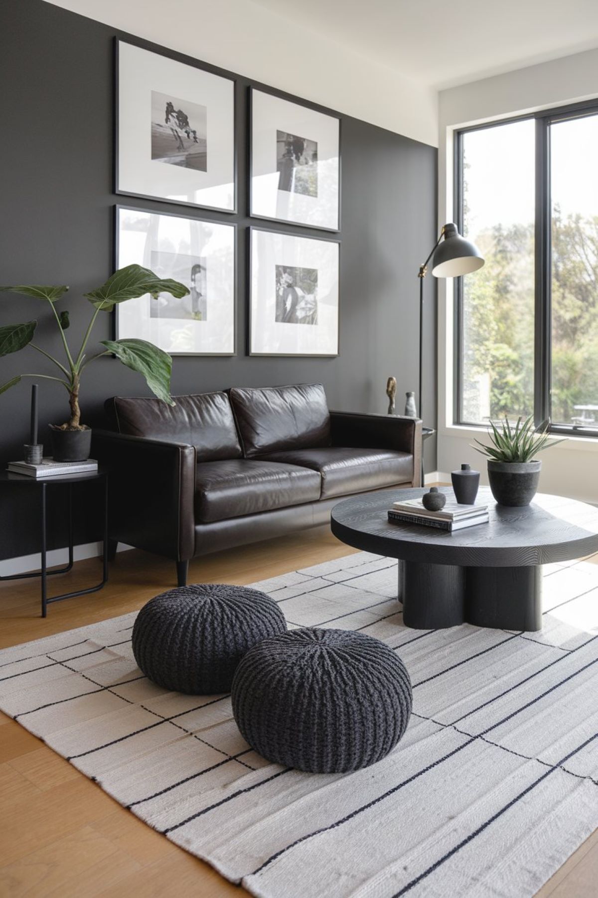 modern and sleek living room decor with dark brown couch