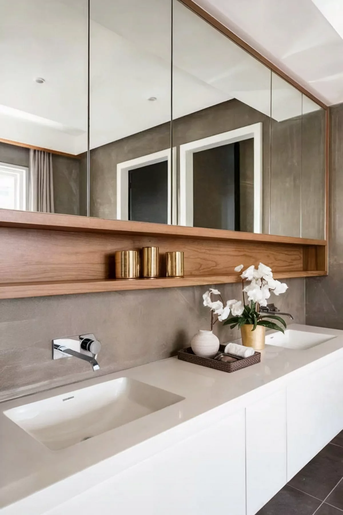 modern bathroom decor gray and white two sinks