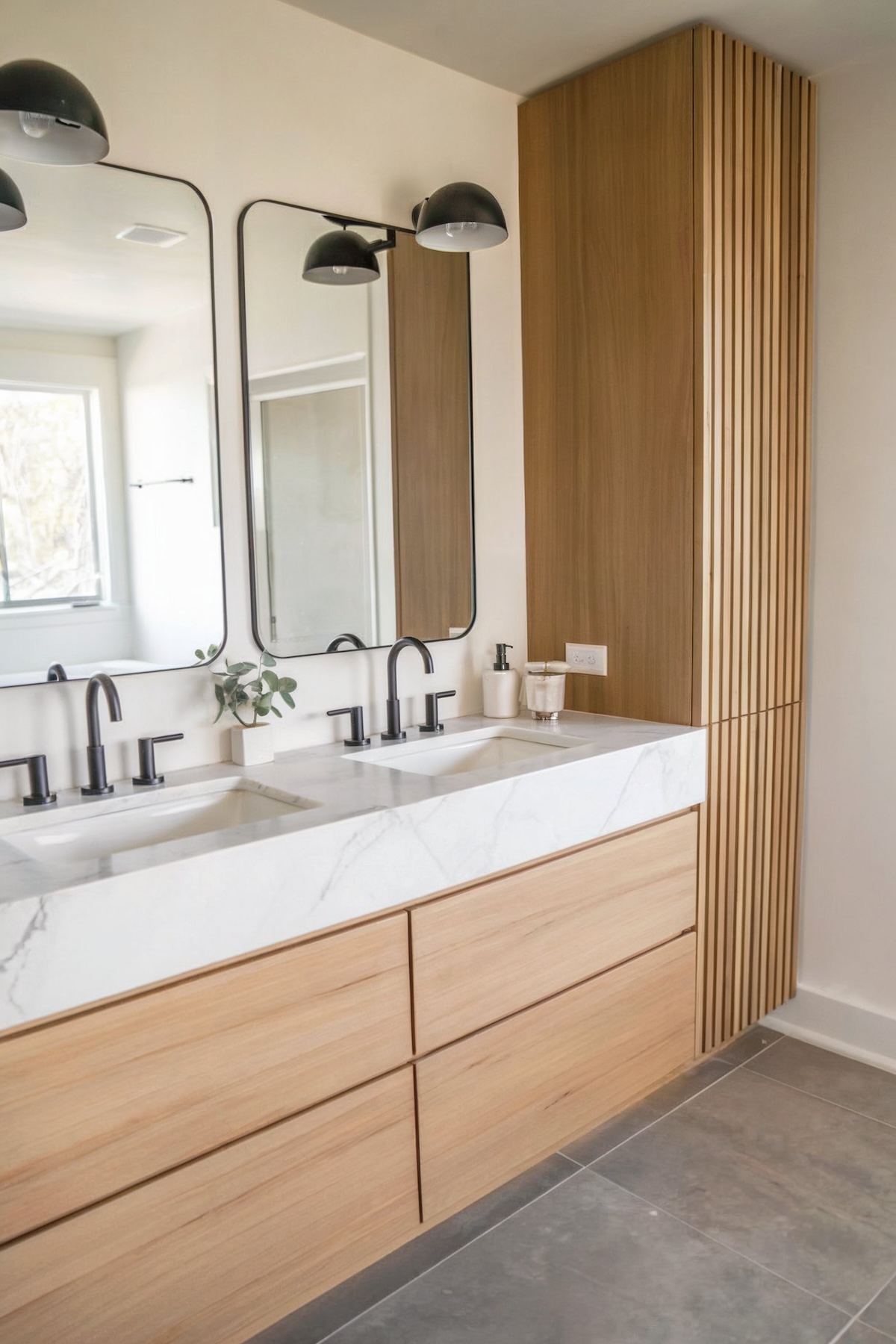 modern bathroom decor gray floor double sink